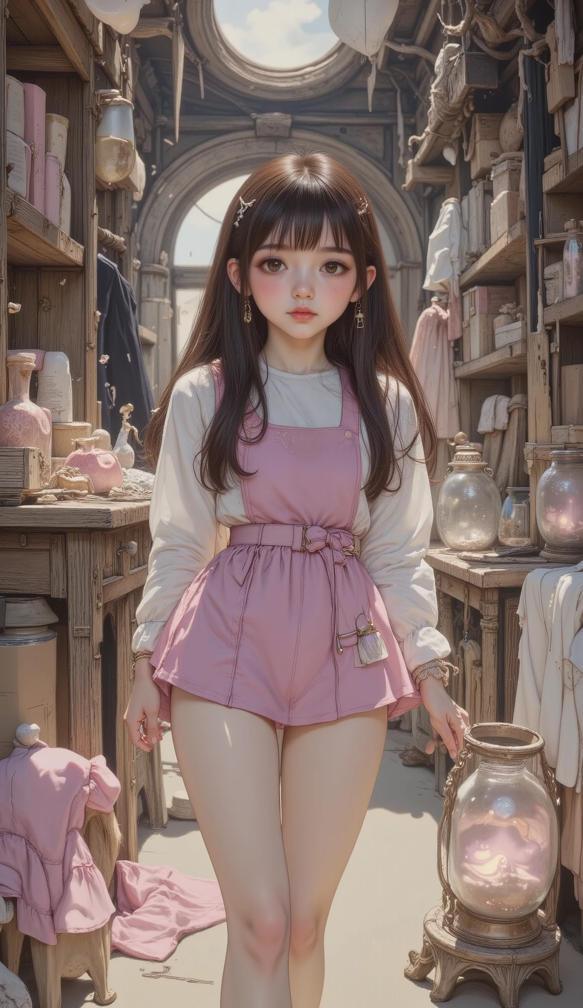 (outdoor:0.4), (interior:0.6), (Dynamic Angle:1.2), (pose dinámica:0.8), (looking at the spectator:0.6), (a young teenage elf girl with beautiful eyes:1.0), (soft light scattered:1.2), (8K:1.0), (dream:1.2), in the fantasy store, dream jars