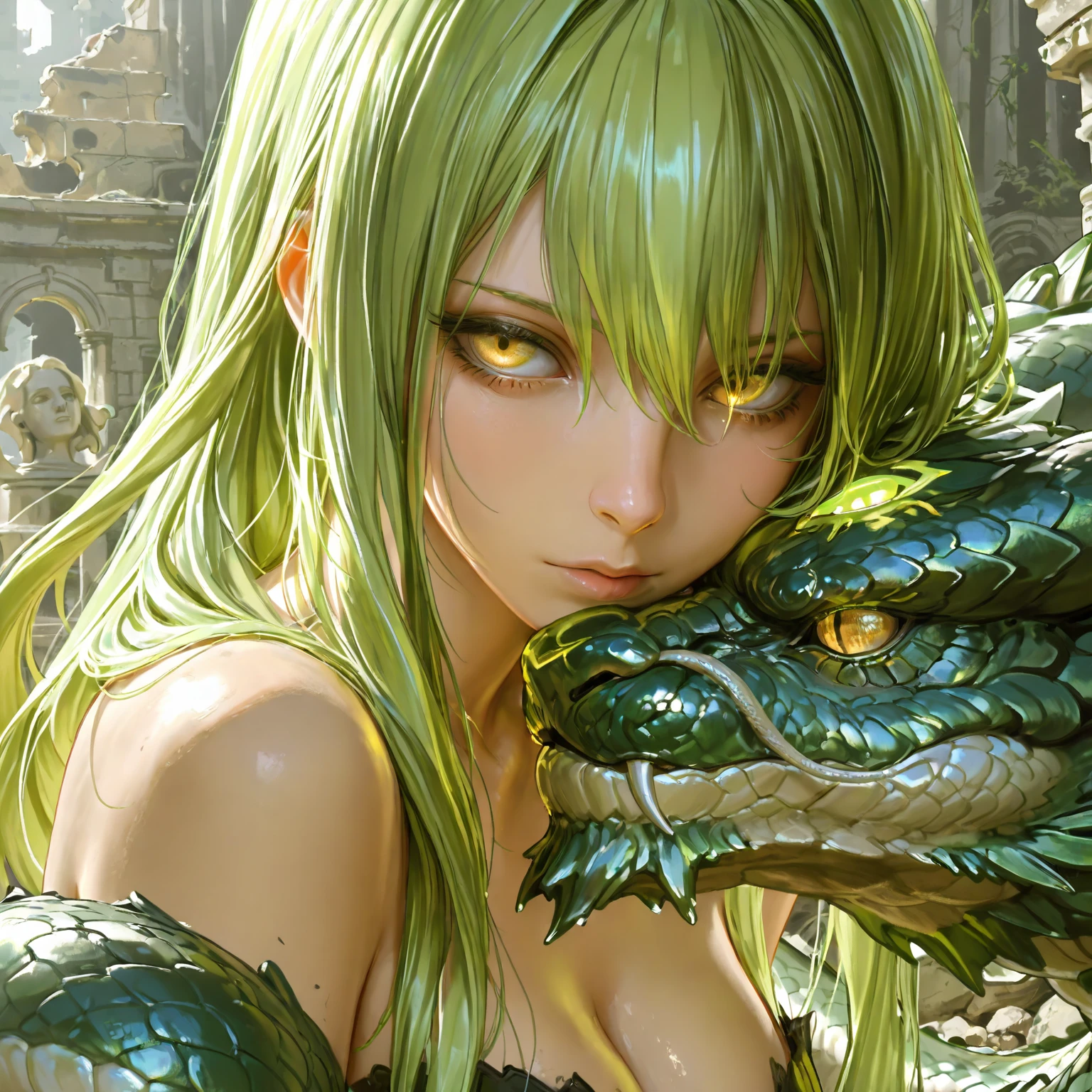 (Best quality,8K,A high resolution,Masterpiece:1.2),Ultra-detailed,(Realistic,Photorealistic,photo-realistic:1.37),150 mm female thread,vibrant detail,Lace, surrealism,anatomically,elegant,h.r. Giger style, The left and right colors of the picture are different，Hexane rendering on the left，Gold rendering on the right，The left half is green snake-like hair，Snake eyes on the left,The right half is flowing blonde hair，The girl on the right has beautiful eyes，Medusa,Venus,macro photography,Full-body,Super detailed,trends in art station,Sharp focus,studio photo,Intricate details,Highly detailed,Borha Greg Lutkovsky