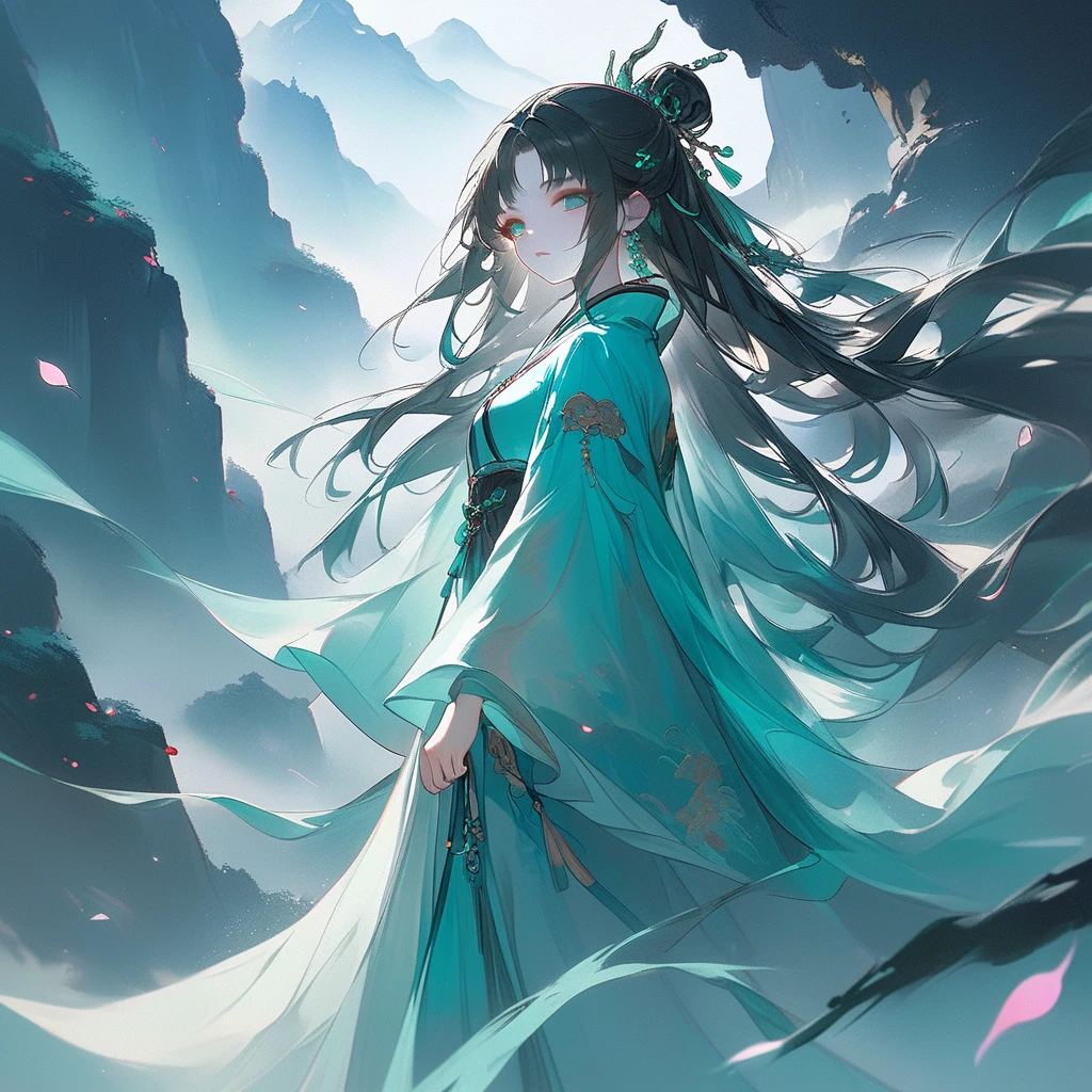 A woman in a blue dress is running through a forest - SeaArt AI