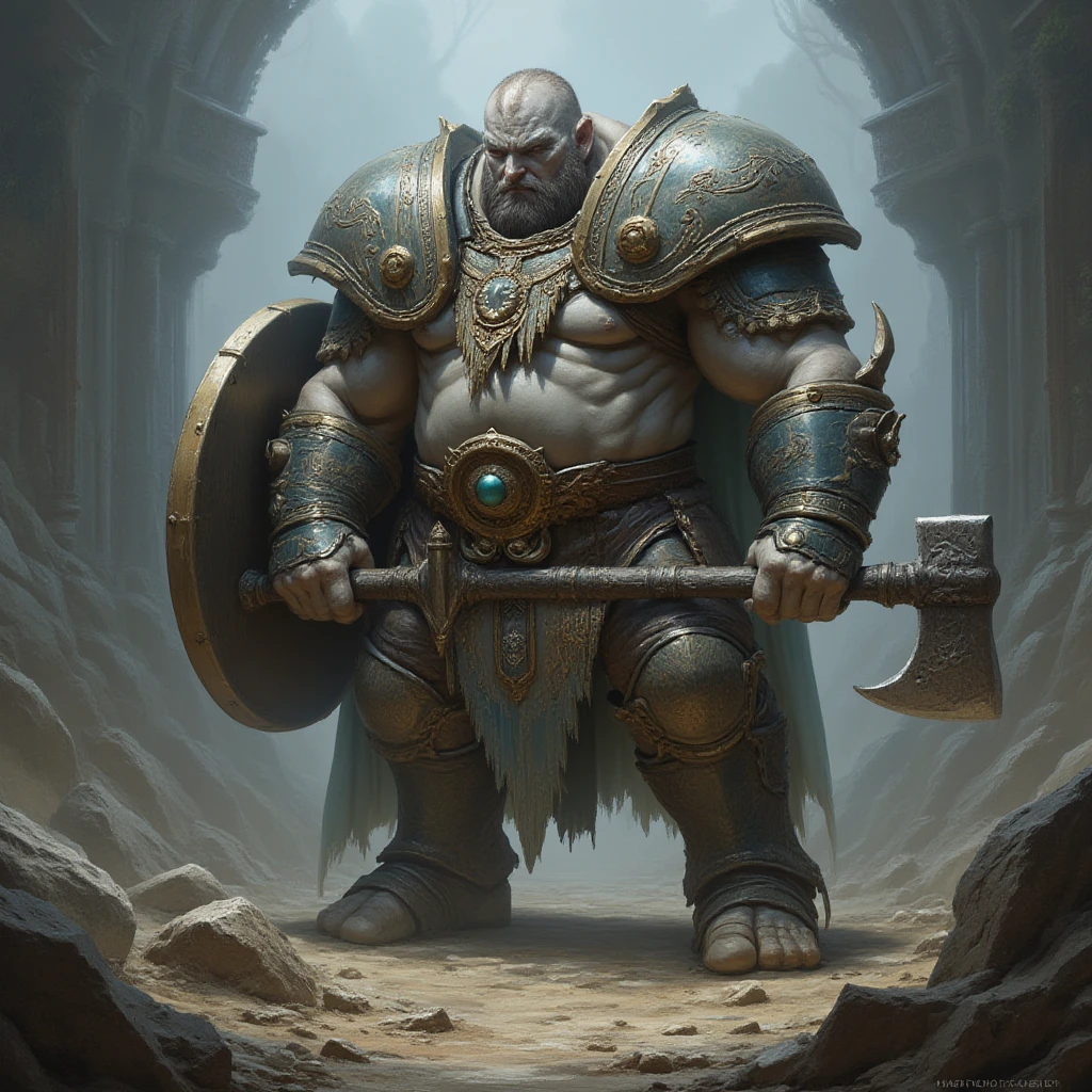 dwarf, chubby, bald, beard colored skin, dark skin, blue skin, grey skin, leather armor, druid,