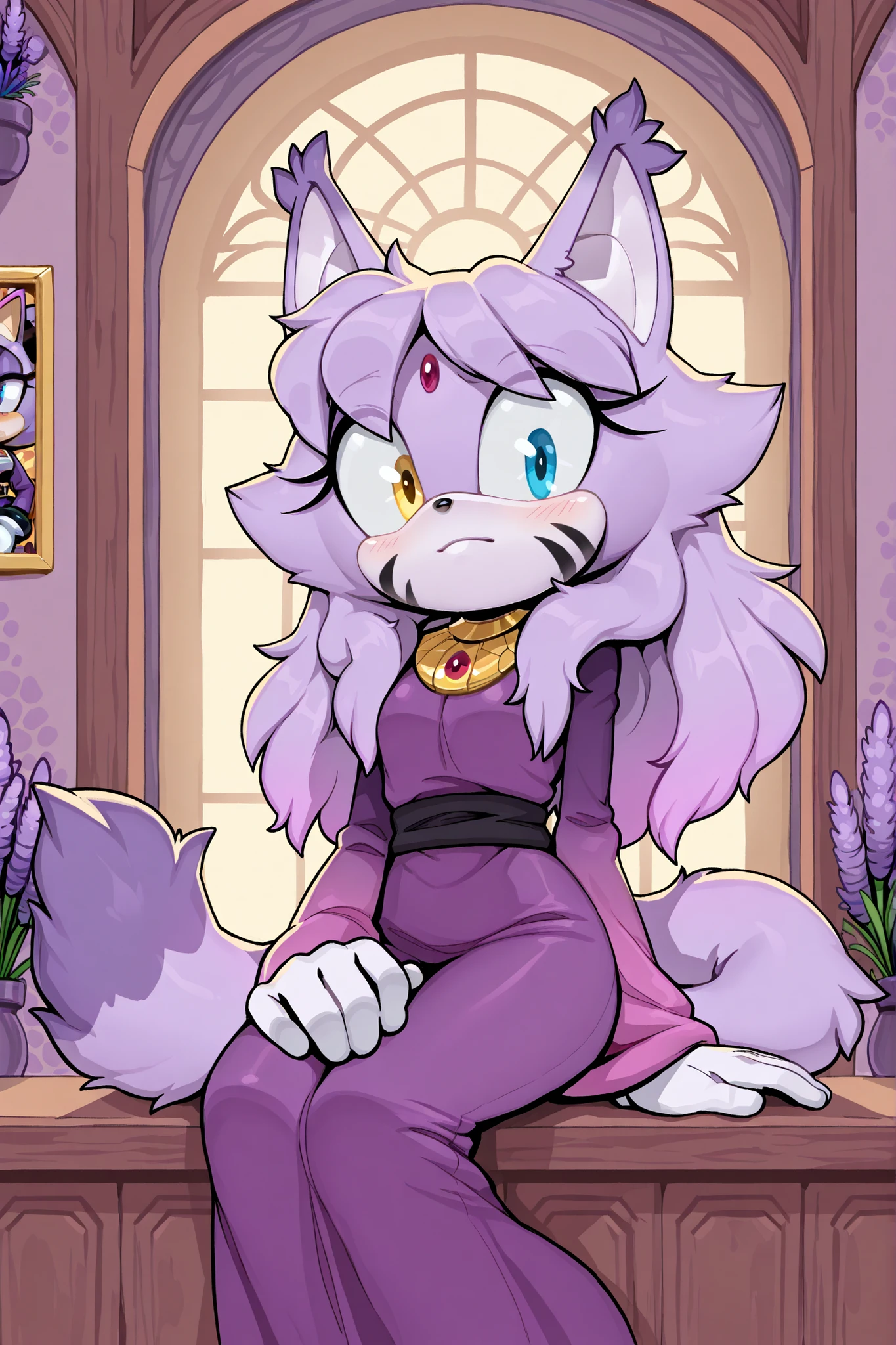 ((evnstnly)), source_furry, ((Sonic OC)), high quality photos, Ochen by illustraciya high quality photos, ultra detailed illustration, Anthropomorphic Fluffy Cat:1,9, cute, little girl, young, light blush, Artifyber style, pastel flat colors, dress, black sash belt, long sleeves, large sleeves, long skirt, pantalones, frac, palace halls environment, Blaze the Cat’s palace, dusk sunlight shining through tall windows, indoors, doors, (Long hair), purplish hair, blackish hair, gradient hair, ((1girl)), ((solo)), mobian, ((small mouth)), closed mouth, Female, Mobian Cat, Cat, (((lavender fur))), (white muzzle), yellow eye, blue eye, Heterochromia, curious expression, small, hands on lap, hair bangs, hair over shoulders, 1girl, (fluffy ears), pointed ears, (cat tail), (Mobian), markings on face, purple dress, sitting, female, solo, small mouth, closed mouth, Sonic OC, (cat), female cat, sitting on Blaze the Cat’s lap, possible daughter of Blaze the Cat