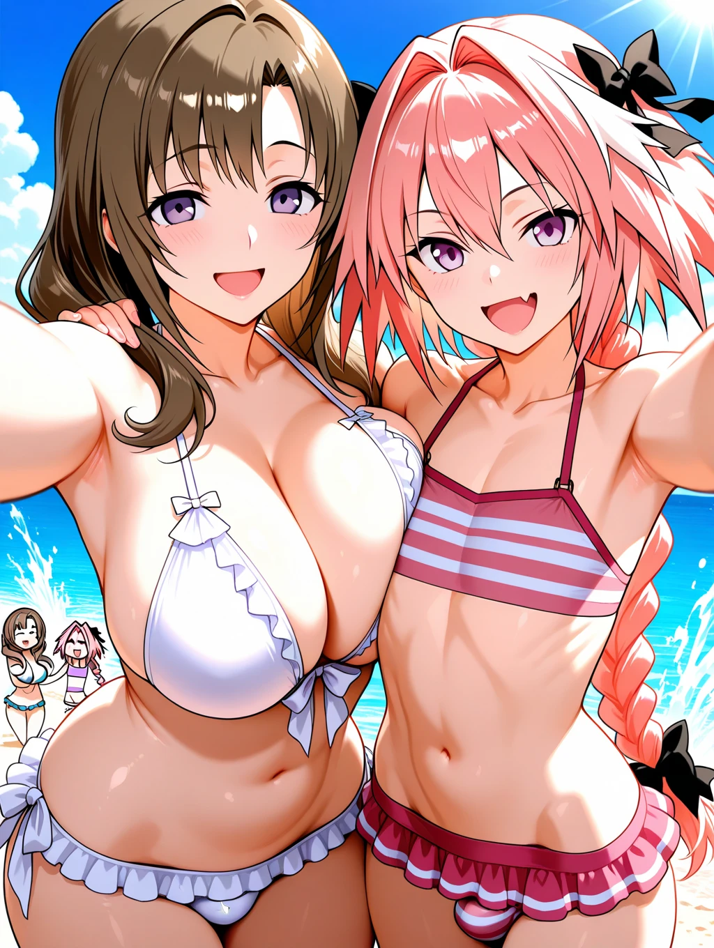 2 girls , Yukinoshita Yukino , yuigahama yui'bust and thighs are great,In underwear,spread your legs,jump,Ocean,positively,belly button,light pink panties,white panties,thighs,knees,(high angle),(beautiful eyes),open mouth smile,Insert your head