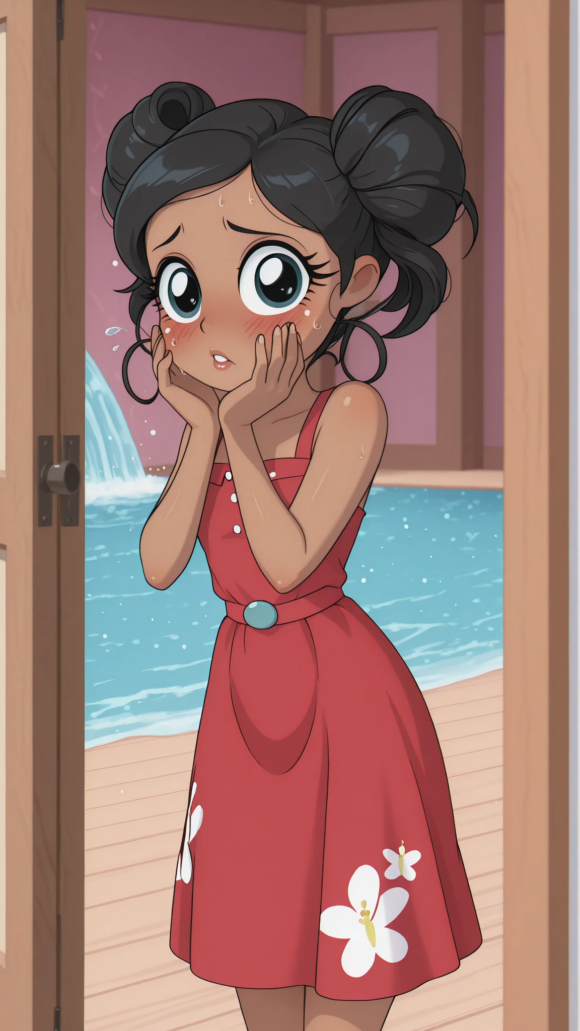 ultra-high resolution, 8k wallpaper, masterfully executed, mature exotic woman with velvety dark skin, thick long black hair falls like a waterfall down your back, deep black eyes with long lashes express pure , traditional red dress with Hawaiian patterns is fully unbuttoned and open, exposing the body, intimate cowgirl scene, an expression of pure pleasure on the face, lips open in a silent scream, eyes roll with pleasure, intense blush covering cheeks and neck, the body is curved in a perfect arch, hands rest on the partner's , move vigorously, drops of sweat shine on the skin in the moonlight, spacious tropical-style bedroom with open veranda, the ocean at night and palm trees in the background, the soft light of the moon enters through the open doors, creating dramatic shadows on the connected bodies