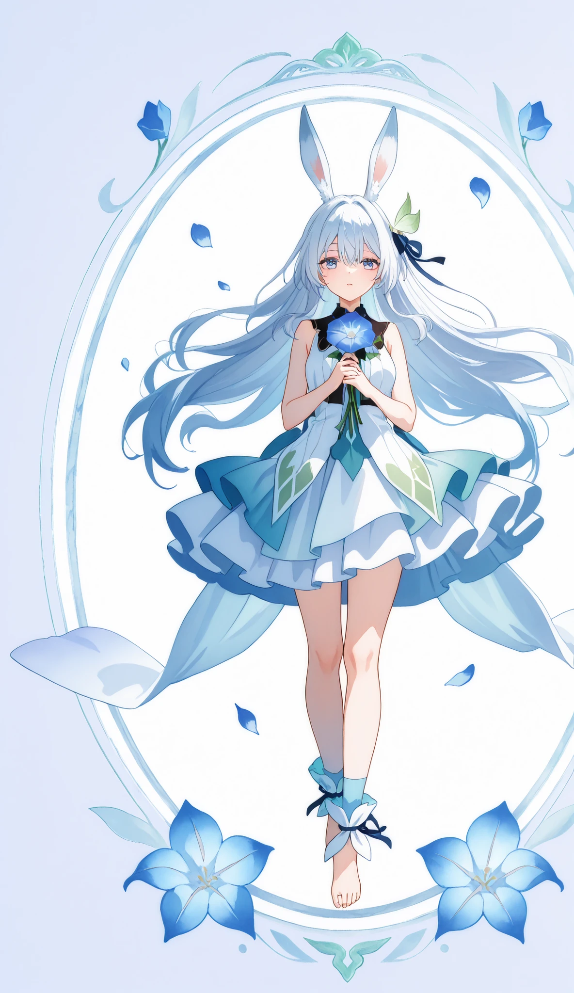 IllusP0s,Elegant anime fantasy girl in a light watercolor ink illustration style, full body, floating gracefully in mid-air. She has long flowing silver-white hair with soft gradients, gentle expression, delicate facial features, calm and ethereal aura. Rabbit-like long ears extending upward, fluffy white tail with smooth flowing motion. Wearing a light blue and white sleeveless top with soft fabric folds, paired with a short layered skirt decorated with blue flower petals and rose ornaments, skirt shaped like layered flower petals. Thigh-high light blue socks with floral details, barefoot or soft traditional footwear. Holding a large blooming flower like a giant morning glory or lily, pale blue petals with translucent watercolor texture, green stem held gently, flower petals drifting around her. Ribbons and hair strands flowing naturally, soft wind motion. Art style resembles traditional Chinese/Japanese ink painting mixed with anime, visible brush strokes, clean white background, minimalistic composition, pastel color palette, soft outlines, hand-painted watercolor texture, elegant fantasy illustration, high detail but airy and light