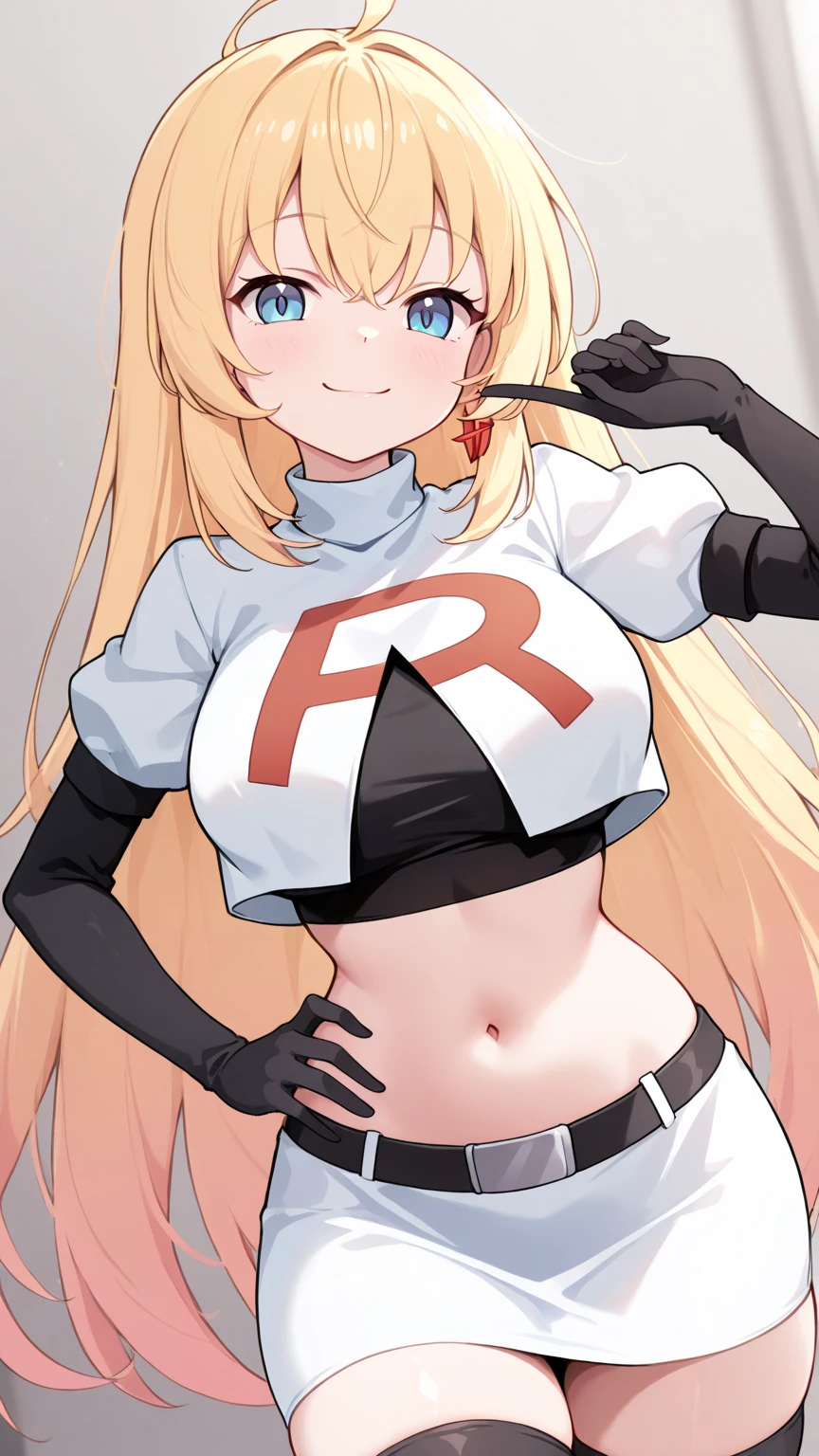 ((best quality)), ((highly detailed)), masterpiece, (detailed eyes, deep eyes), (1girl), cowboy shot, SunsetHuman, (multicolored hair, (two-tone hair:1.1), red and blonde hair), BREAK, aqua eyes, team rocket,team rocket uniform,white skirt,red letter R,crop top,black thigh-highs,black elbow gloves