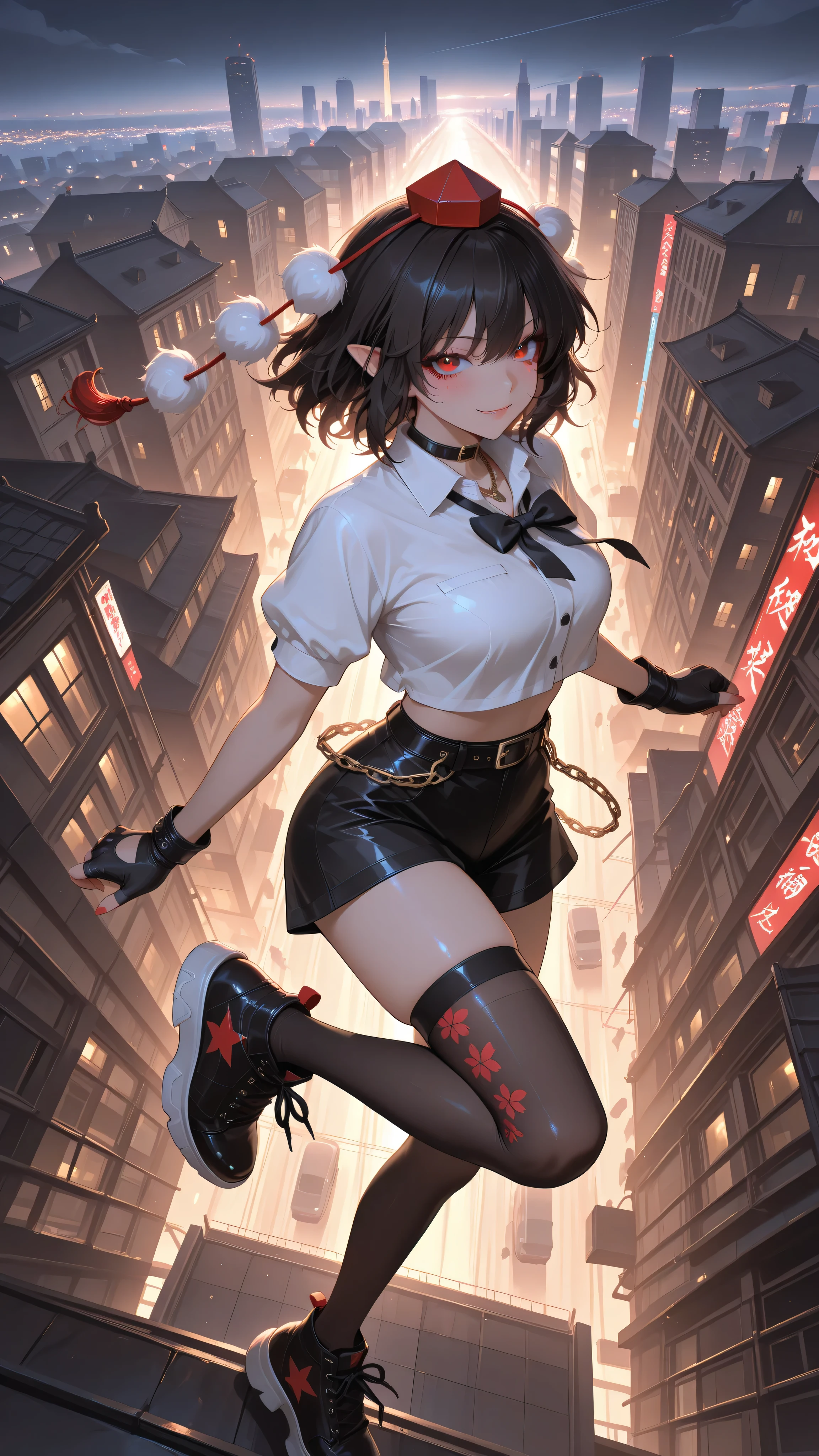 shameimaru aya, 1girl, solo, red eyes, black hair, tokin hat, collared shirt, white shirt, short sleeves, black bow, high quality, perfect photography, ultra-detailed, glitter eye makeup, dramatic long eyelashes,hip-hop idol fusion style, street-fashion outfit, cropped top, baggy low-rise shorts with metallic trims, patterned thigh-high stockings, chunky neon platform sneakers, layered street accessories, chain necklace, fingerless gloves, rebellious confident expression, playful hip-hop pose, dynamic movement, rapper stage attitude,modern city night,gently floating above a cityscape, suddenly gravity vanished, midair, city below, midair, wide shot, aerial view,dynamic movement,motion blur for speed effect