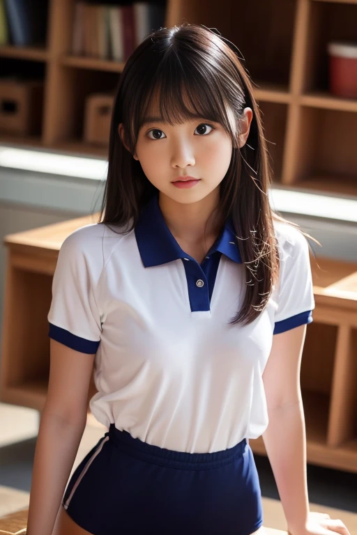 Sitting with legs crossed, Ecstatic expression, Cute junior high school girl, Looking at me, Sexy face, With , Open your legs, Wearing open-chested clothing, Big breasted, Wet, Soaking wet, Volleyball Club