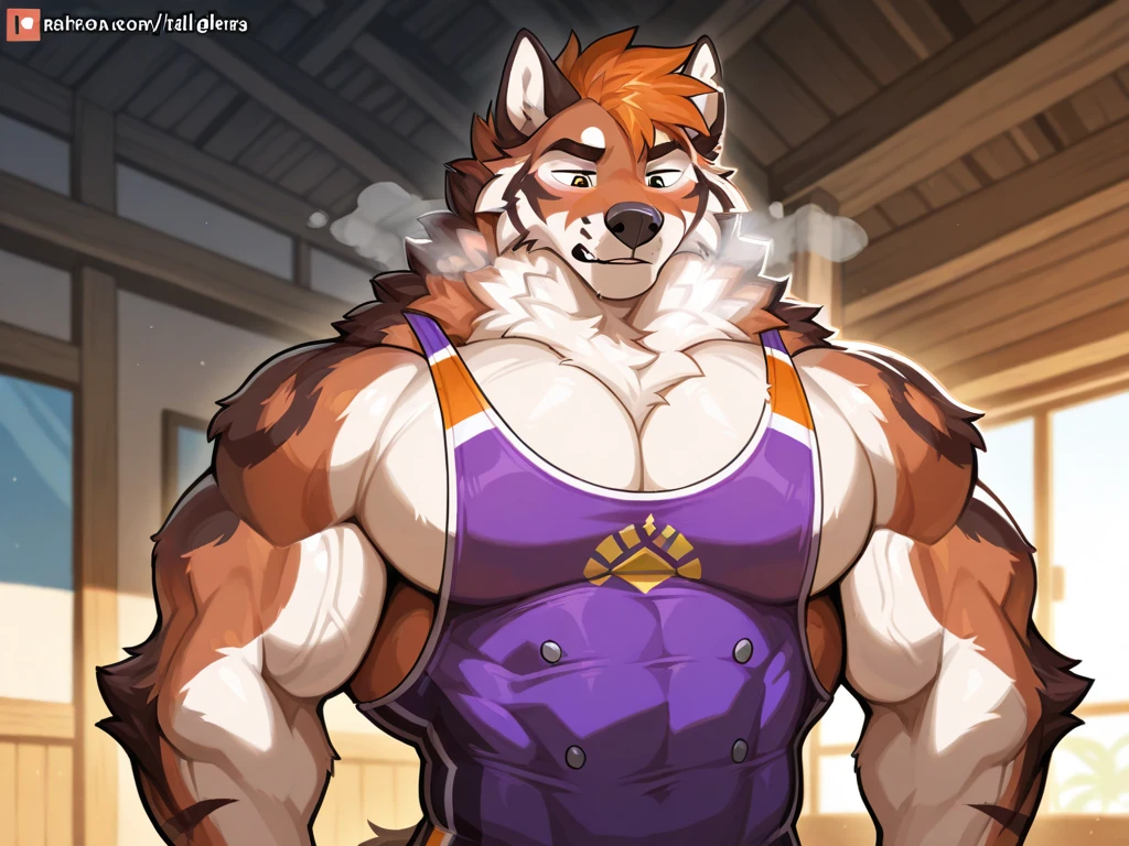 Anthropomorphic wolf，werewolf，man，large pectoraluscular limbs， upper body，broad shoulders，huge ，muscular，large，bearded， hair，body hair， hair，arm hair，leg hair，full body，grey hair ((high detail，masterpiece，best quality，high definition，beautiful))