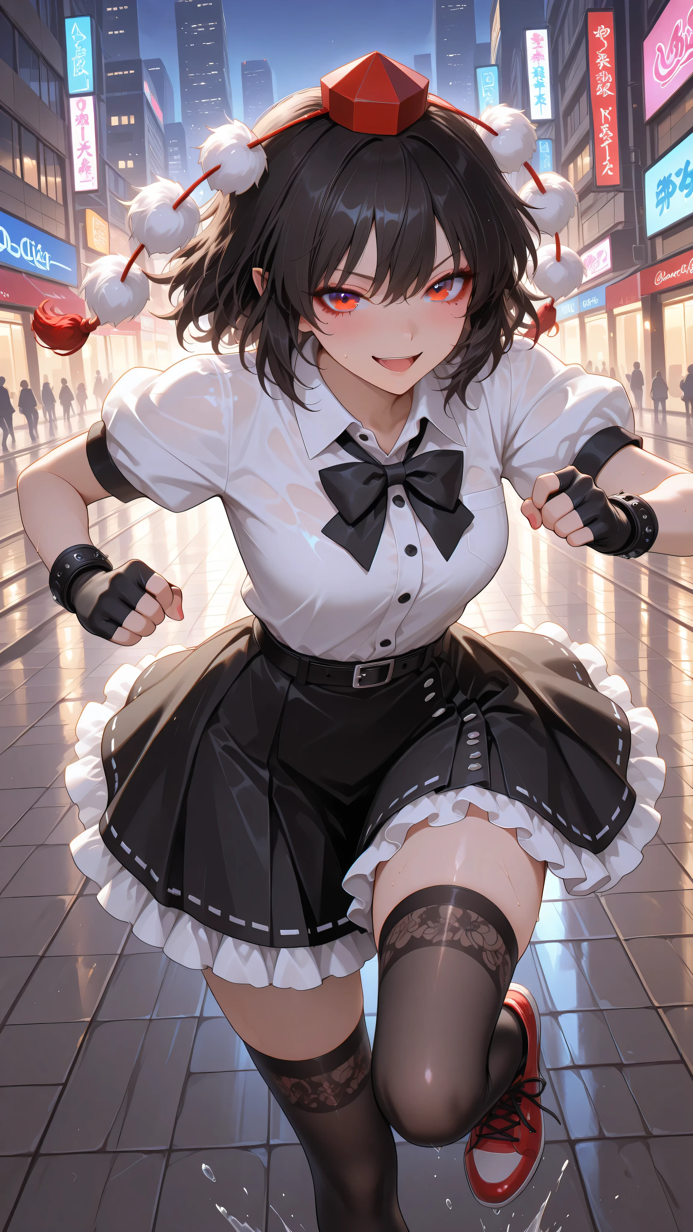 shameimaru aya, 1girl, solo, red eyes, black hair, tokin hat, collared shirt, white shirt, short sleeves, black bow, black skirt, frilled skirt, high quality, perfect photography, ultra-detailed, glitter eye makeup, dramatic long eyelashes,hip-hop idol fusion style, street-fashion outfit, cropped top, baggy low-rise shorts with metallic trims, patterned thigh-high stockings, chunky neon platform sneakers, layered street accessories, chain necklace, fingerless gloves, rebellious confident expression, playful hip-hop pose, dynamic movement, rapper stage attitude,modern city night, dynamic dance on wet roof, urban background, dynamic movement,motion blur for speed effect,running,quick sprint
