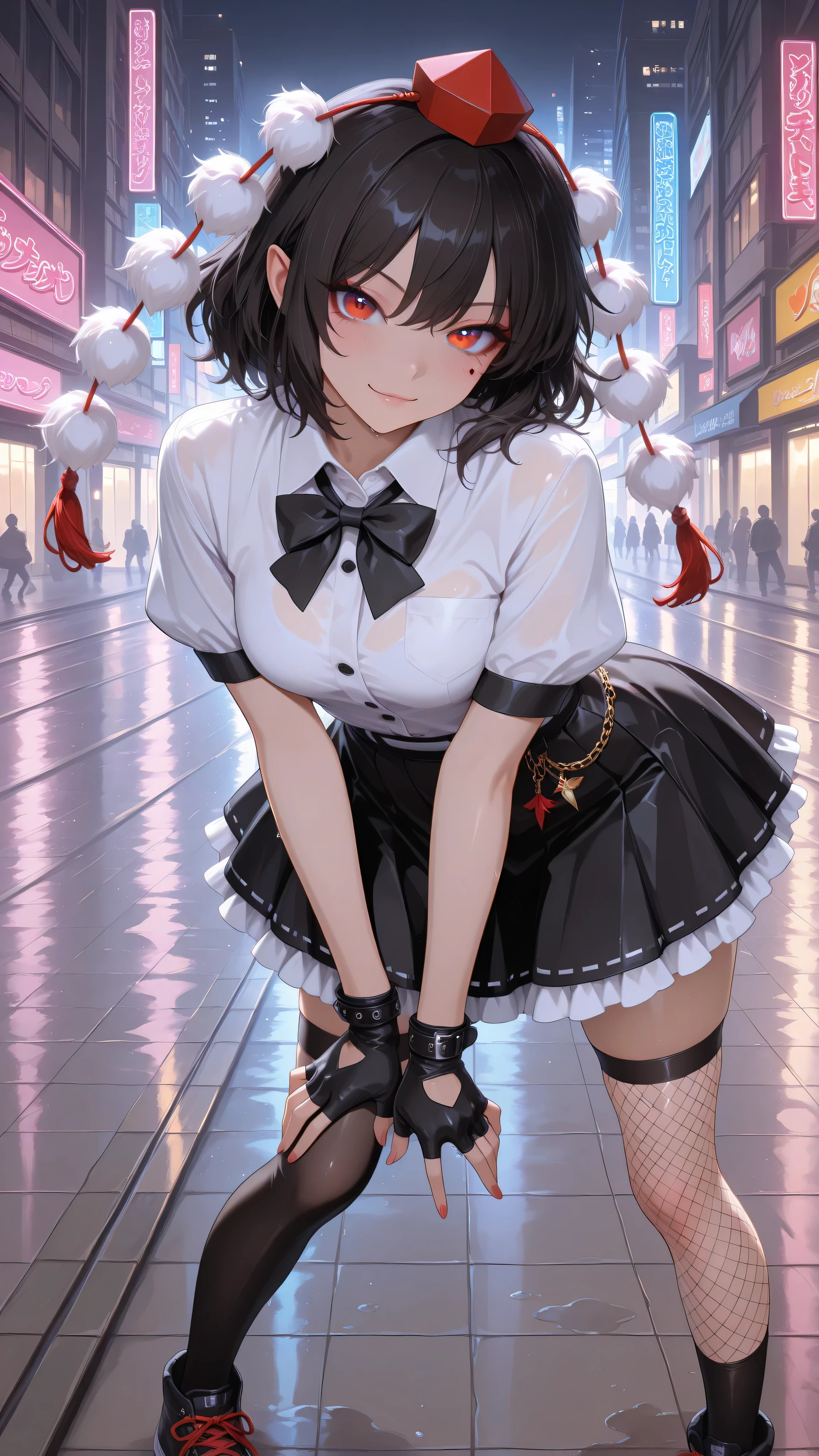 shameimaru aya, 1girl, solo, red eyes, black hair, tokin hat, collared shirt, white shirt, short sleeves, black bow, black skirt, frilled skirt, high quality, perfect photography, ultra-detailed, glitter eye makeup, dramatic long eyelashes,hip-hop idol fusion style, street-fashion outfit, cropped top, baggy low-rise shorts with metallic trims, patterned thigh-high stockings,  chunky neon platform sneakers, layered street accessories, chain necklace, fingerless gloves, rebellious confident expression, playful hip-hop pose, dynamic movement, rapper stage attitude,modern city night, neon lights reflecting on wet roof, urban background, dynamic movement,motion blur for speed effect,dynamic dance