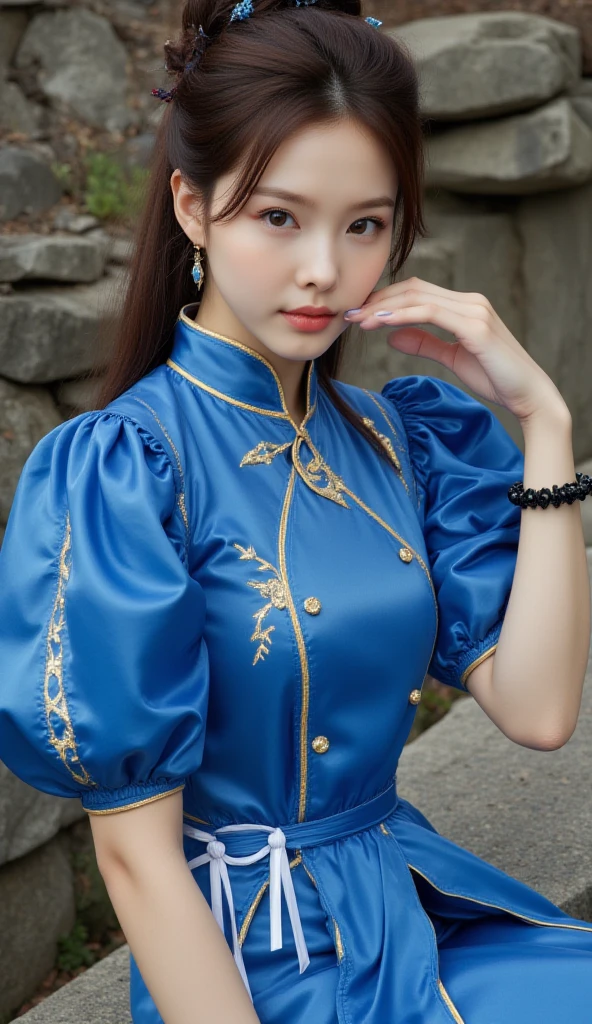 《Street Fight II》Chun-Li,Perfect Chun-Li Costume,Blue and gold thread cheongsam,Bun head,Very good cover,Fighting Stance,masterpiece、1 beautiful girl、beautiful eyes、Puffy eyes、best quality, 超high resolution, (Reality: 1.4), light、Japanese、Asian Beauty、Korean、Super beautiful、Beautiful skin、body facing forward、Close-up of face、(Ultra-realistic)、(high resolution)、(8K)、(Very detailed)、(Beautiful eyes)、(Super detailed)、 (wall-)、Delicate face、Bright Light、Professional lighting、Looking at the audience、Direct vision、side fringe、Nogizaka Idol、Korean Idol、masterpiece, best quality, masterpiece, best quality, Perfect face, Perfect brown eyes and white sclera, Bad move -5, Solitary, 1 girl, Upper Body, brown hair, From SF2, Chinese service, Smile, muscular woman, Blue clothes, Pantyhose, Pelvic Curtain, puffy short sleeves, Good cover, sash, Evaluate: