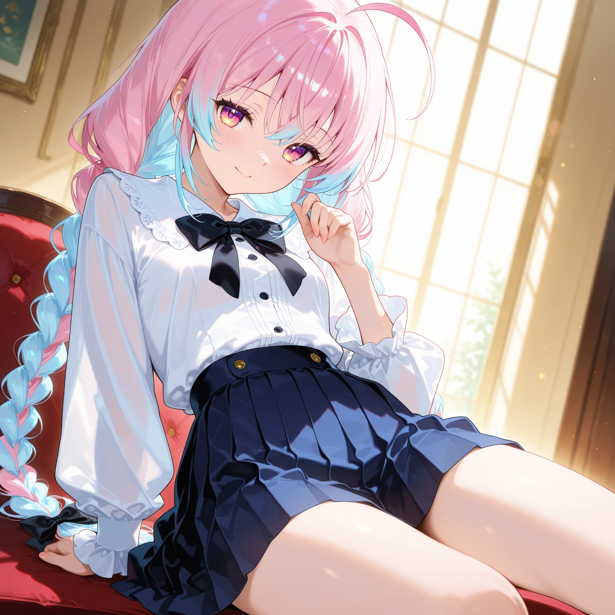 Pastel Pink Hair with Light Blue Hair、1 beautiful anime girl with loose ponytails and braids。white blouse with black bow、Wearing a Navy Blue Pleated Skirt、Double Piecing While Sitting。Soft Light and Warm Shine、cinematic lights、Delicate Skin Texture、 glossy eyes、Highlights of reflected light、Delicate Shading。Anime Style High Definition Art、Masterpiece、Mashiro's Finest Quality、Strong Contrast、strong shadows