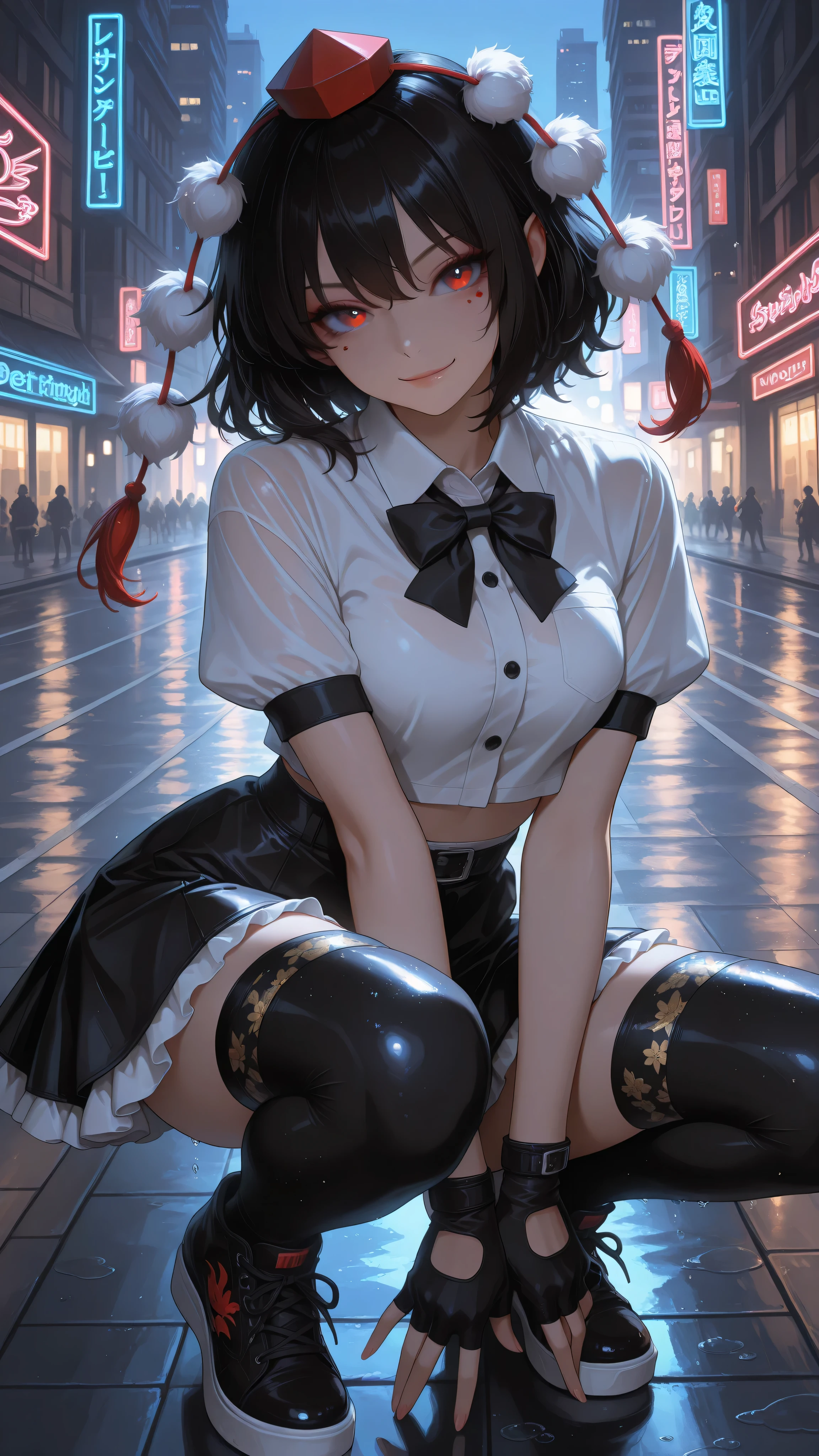 shameimaru aya, 1girl, solo, red eyes, black hair, tokin hat, collared shirt, white shirt, short sleeves, black bow, black skirt, frilled skirt, high quality, perfect photography, ultra-detailed, glitter eye makeup, dramatic long eyelashes,hip-hop idol fusion style, street-fashion outfit, cropped top, baggy low-rise shorts with metallic trims, patterned thigh-high stockings, chunky neon platform sneakers, layered street accessories, chain necklace, fingerless gloves, rebellious confident expression, playful hip-hop pose, dynamic movement, rapper stage attitude,modern city night, neon lights reflecting on wet streets, urban background, dynamic movement,motion blur for speed effect