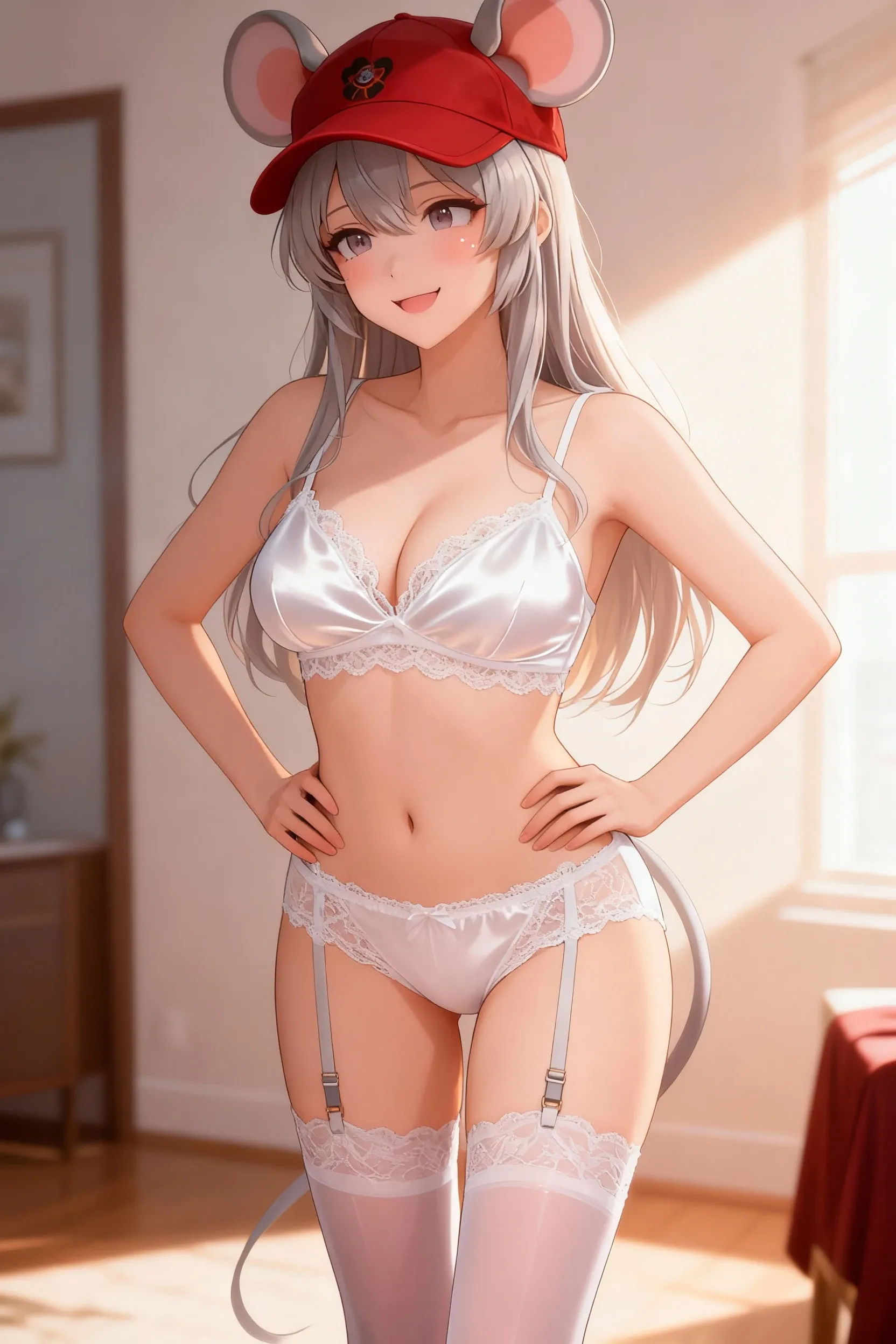 room, 1 Girl, Highest quality, Ultra-high resolution, Long Hair, white hair , Green Eyes,Looking at the audience, Small  , Shy face、Watery eye、Cowboy Shot、White bra、White panties:1.3、Western-style room、On all fours、Backwards、look back,  feeling 