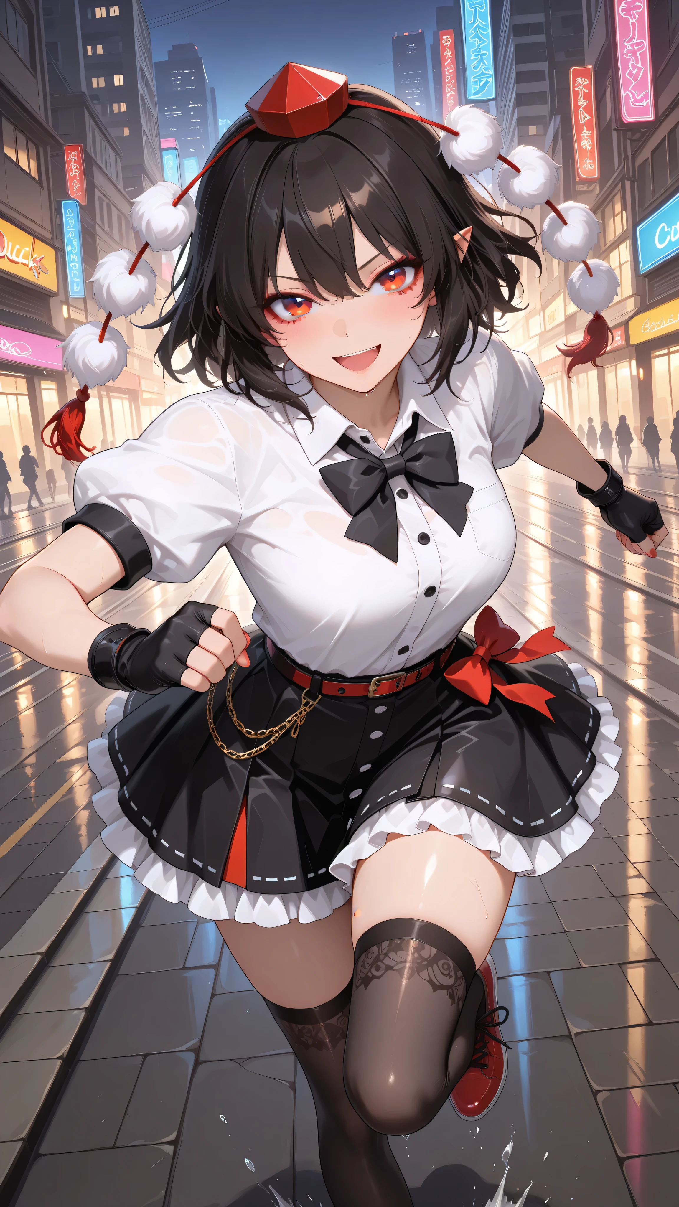 shameimaru aya, 1girl, solo, red eyes, black hair, tokin hat, collared shirt, white shirt, short sleeves, black bow, black skirt, frilled skirt, high quality, perfect photography, ultra-detailed, glitter eye makeup, dramatic long eyelashes,hip-hop idol fusion style, street-fashion outfit, cropped top, baggy low-rise shorts with metallic trims, patterned thigh-high stockings,  chunky neon platform sneakers, layered street accessories, chain necklace, fingerless gloves, rebellious confident expression, playful hip-hop pose, dynamic movement, rapper stage attitude,modern city night, neon lights reflecting on wet streets, urban background, dynamic movement,motion blur for speed effect,running,quick sprint