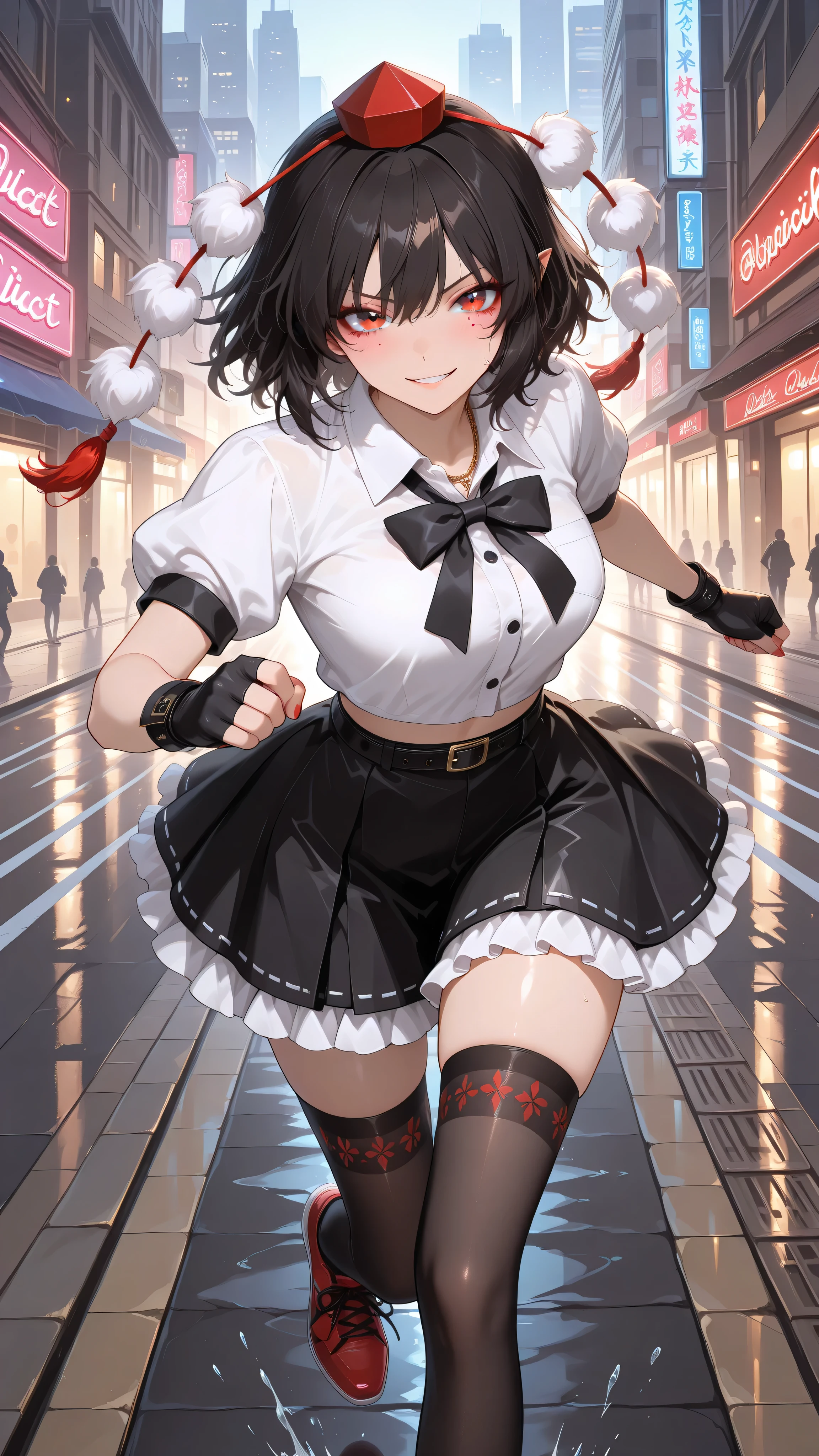 shameimaru aya, 1girl, solo, red eyes, black hair, tokin hat, collared shirt, white shirt, short sleeves, black bow, black skirt, frilled skirt, high quality, perfect photography, ultra-detailed, glitter eye makeup, dramatic long eyelashes,hip-hop idol fusion style, street-fashion outfit, cropped top, baggy low-rise shorts with metallic trims, patterned thigh-high stockings, chunky neon platform sneakers, layered street accessories, chain necklace, fingerless gloves, rebellious confident expression, playful hip-hop pose, dynamic movement, rapper stage attitude,modern city night, neon lights reflecting on wet streets, urban background, dynamic movement,motion blur for speed effect,running,quick sprint