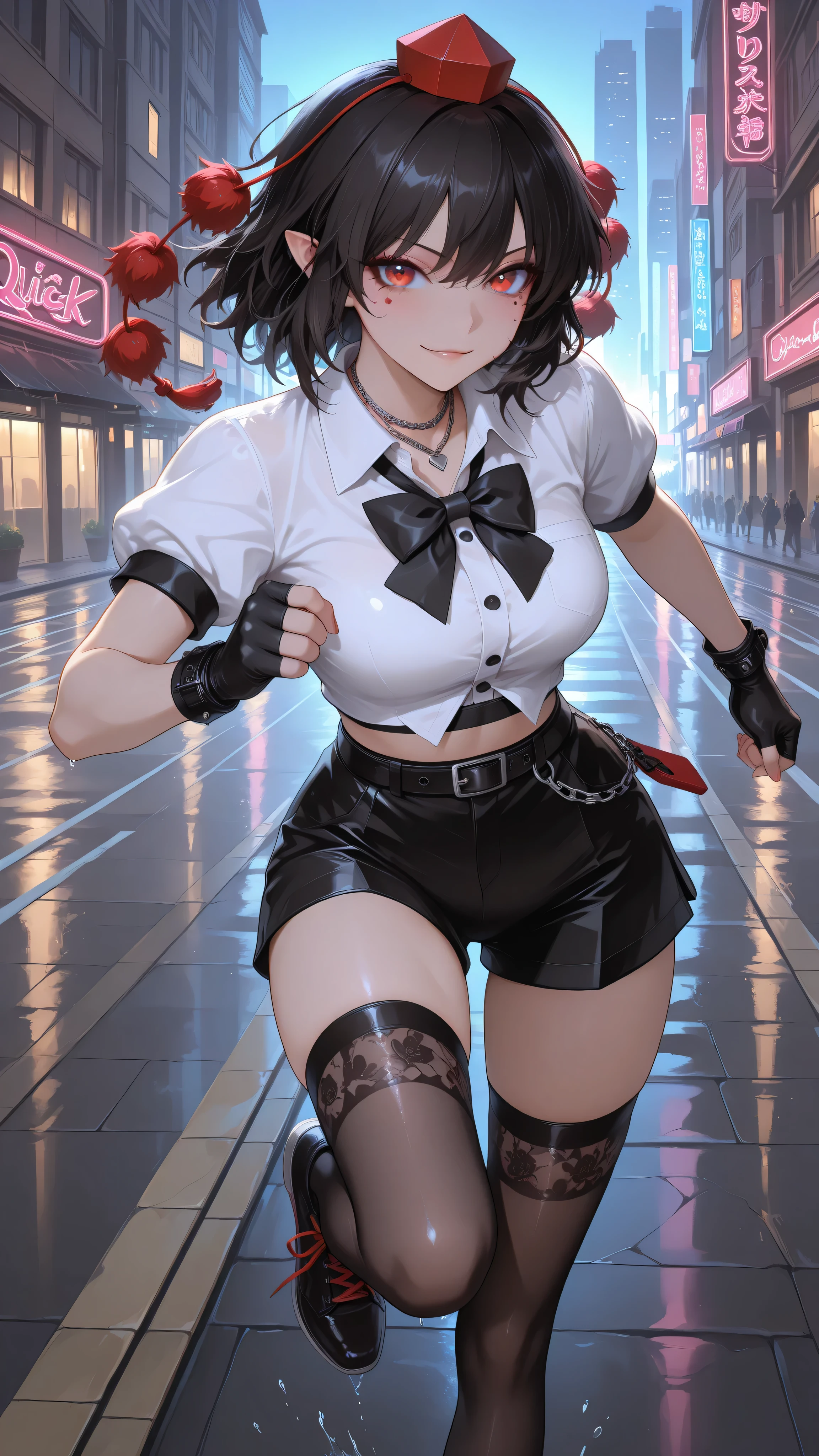 shameimaru aya, 1girl, solo, red eyes, black hair, tokin hat, collared shirt, white shirt, short sleeves, black bow, high quality, perfect photography, ultra-detailed, glitter eye makeup, dramatic long eyelashes,hip-hop idol fusion style, street-fashion outfit, cropped top, baggy low-rise shorts with metallic trims, patterned thigh-high stockings, chunky neon platform sneakers, layered street accessories, chain necklace, fingerless gloves, rebellious confident expression, playful hip-hop pose, dynamic movement, rapper stage attitude,modern city night, neon lights reflecting on wet streets, urban background, dynamic movement,motion blur for speed effect,running,quick sprint