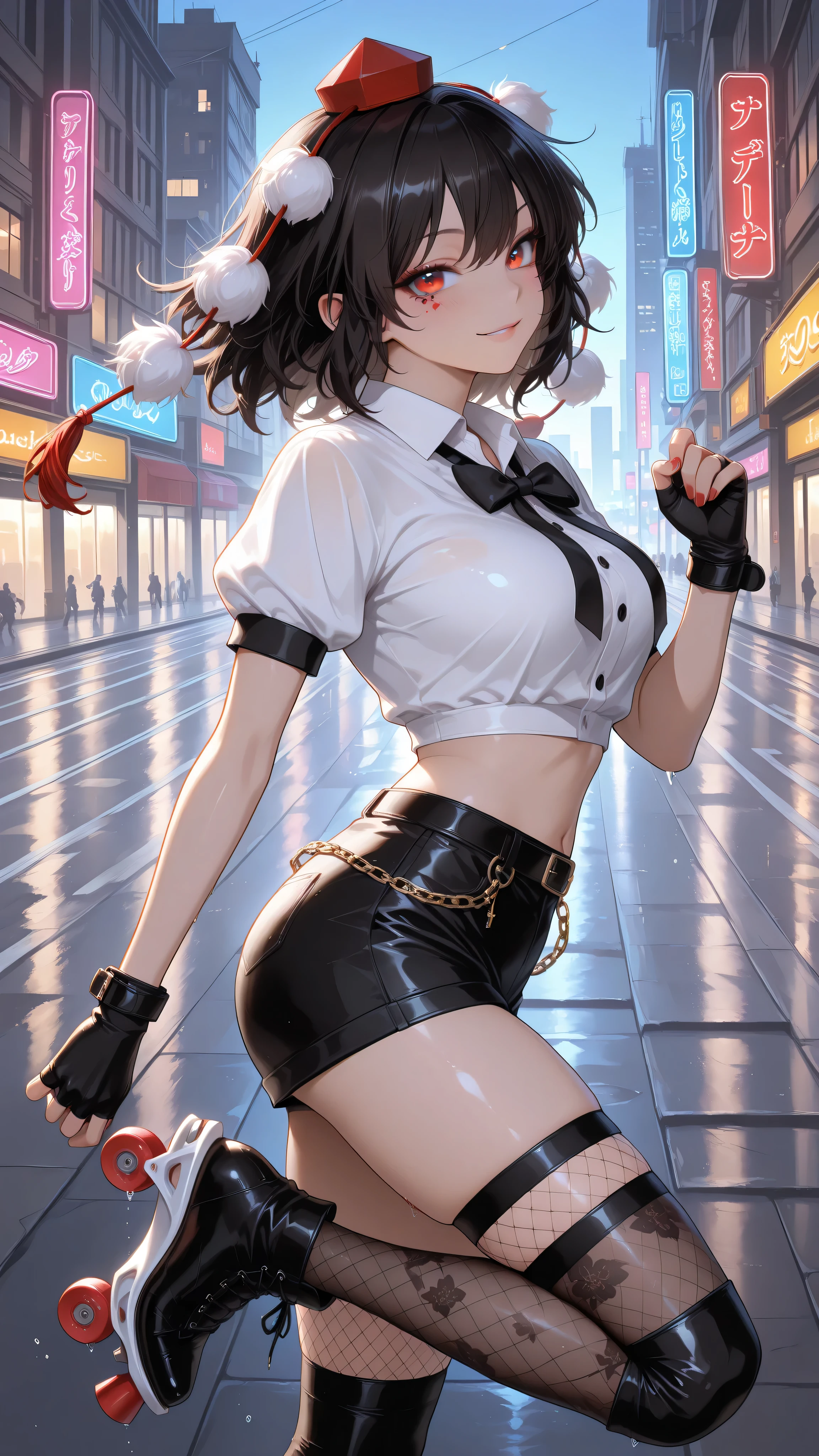 side view, shameimaru aya, 1girl, solo, red eyes, black hair, tokin hat, collared shirt, white shirt, short sleeves, black bow, high quality, perfect photography, ultra-detailed, glitter eye makeup, dramatic long eyelashes,hip-hop idol fusion style, street-fashion outfit, cropped top, baggy low-rise shorts with metallic trims, patterned thigh-high stockings, roller skates, layered street accessories, chain necklace, fingerless gloves, rebellious confident expression, playful hip-hop pose, dynamic movement, rapper stage attitude,modern city night, neon lights reflecting on wet streets, urban background, dynamic movement,motion blur for speed effect,running,quick sprint