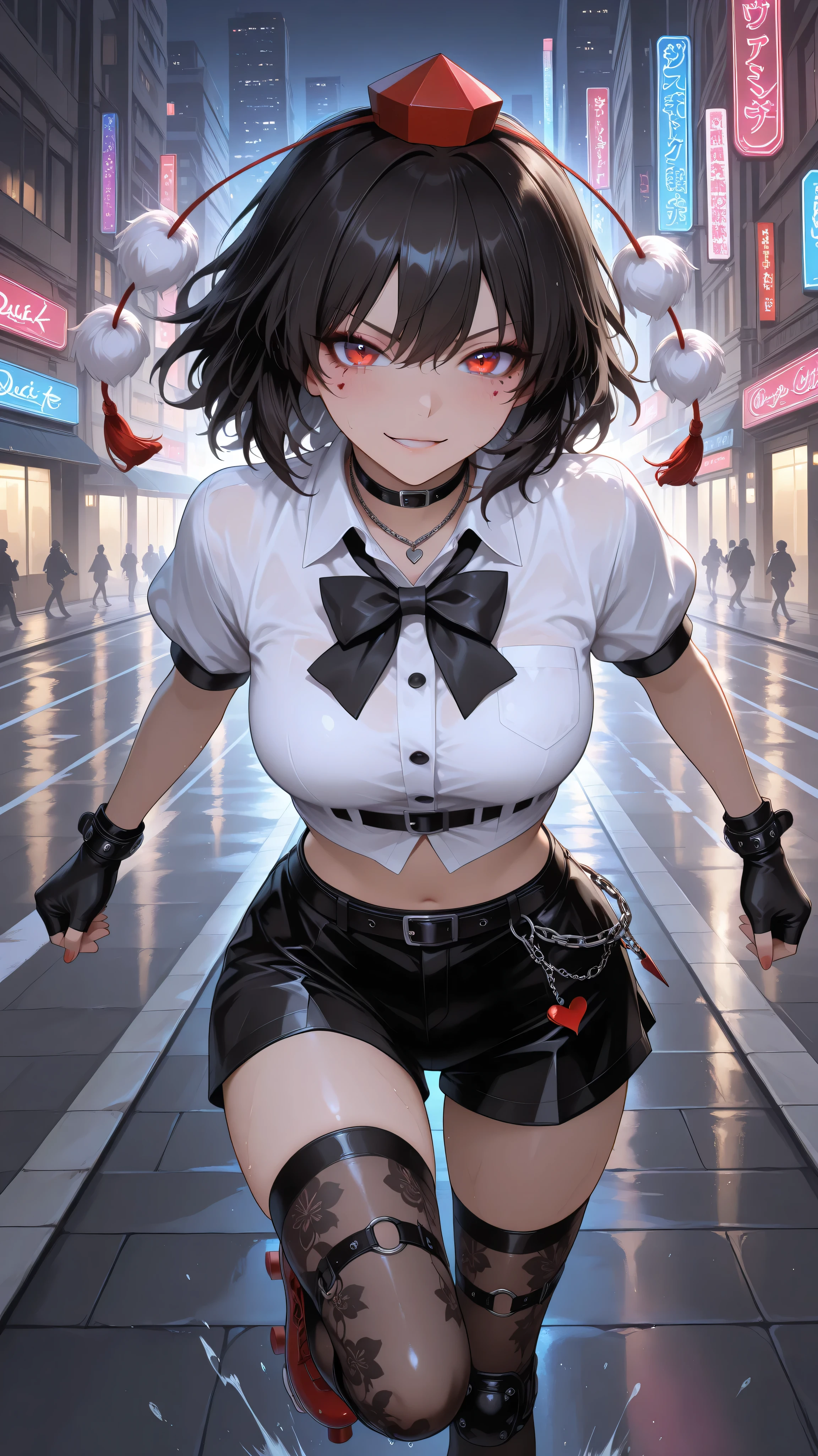 shameimaru aya, 1girl, solo, red eyes, black hair, tokin hat, collared shirt, white shirt, short sleeves, black bow, high quality, perfect photography, ultra-detailed, glitter eye makeup, dramatic long eyelashes,hip-hop idol fusion style, street-fashion outfit, cropped top, baggy low-rise shorts with metallic trims, patterned thigh-high stockings, roller skates, layered street accessories, chain necklace, fingerless gloves, rebellious confident expression, playful hip-hop pose, dynamic movement, rapper stage attitude,modern city night, neon lights reflecting on wet streets, urban background, dynamic movement,motion blur for speed effect,running,quick sprint