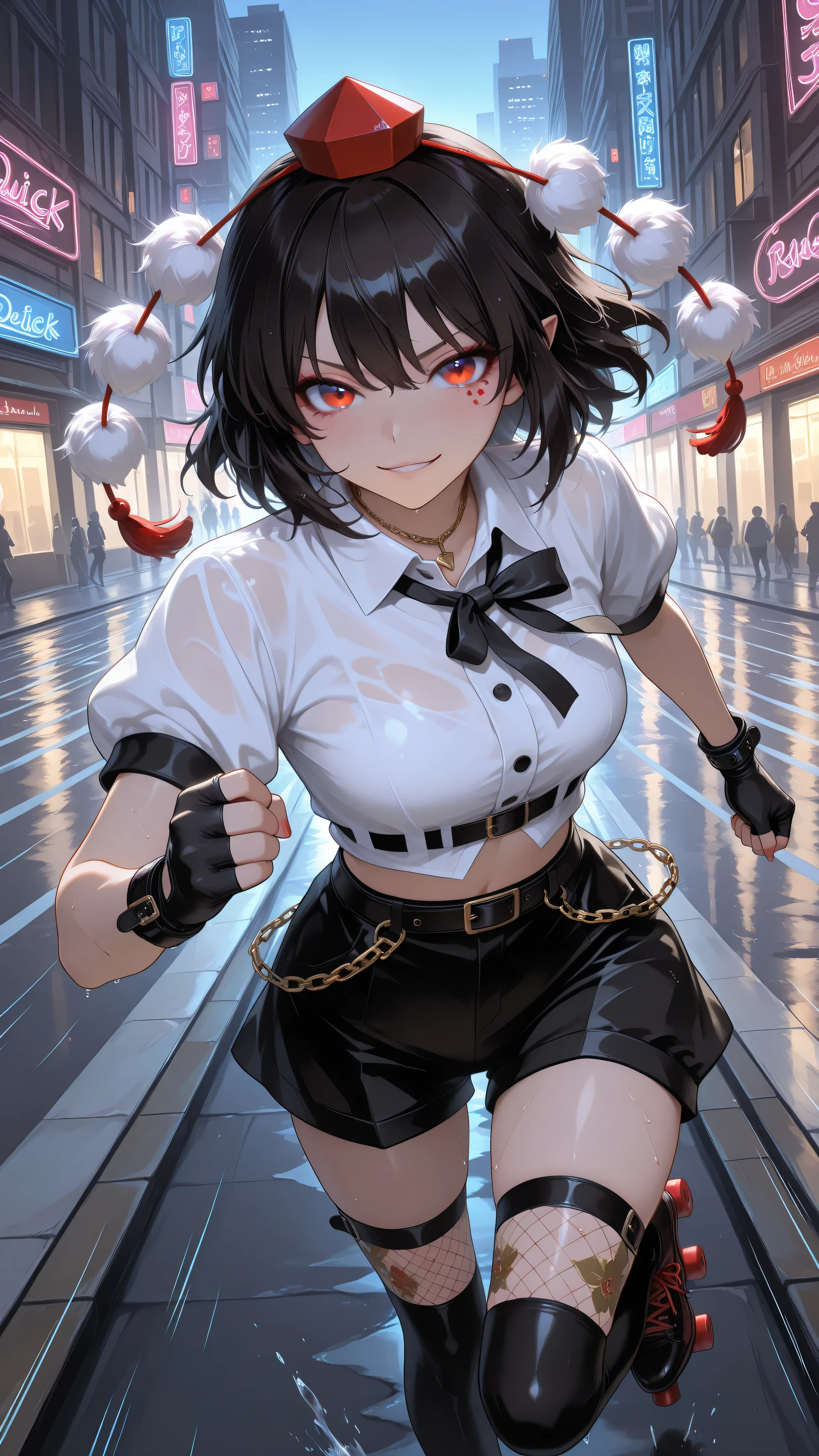 shameimaru aya, 1girl, solo, red eyes, black hair, tokin hat, collared shirt, white shirt, short sleeves, black bow, high quality, perfect photography, ultra-detailed, glitter eye makeup, dramatic long eyelashes,hip-hop idol fusion style, street-fashion outfit, cropped top, baggy low-rise shorts with metallic trims, patterned thigh-high stockings, roller skates, layered street accessories, chain necklace, fingerless gloves, rebellious confident expression, playful hip-hop pose, dynamic movement, rapper stage attitude,modern city night, neon lights reflecting on wet streets, urban background, dynamic movement,motion blur for speed effect,running,quick sprint