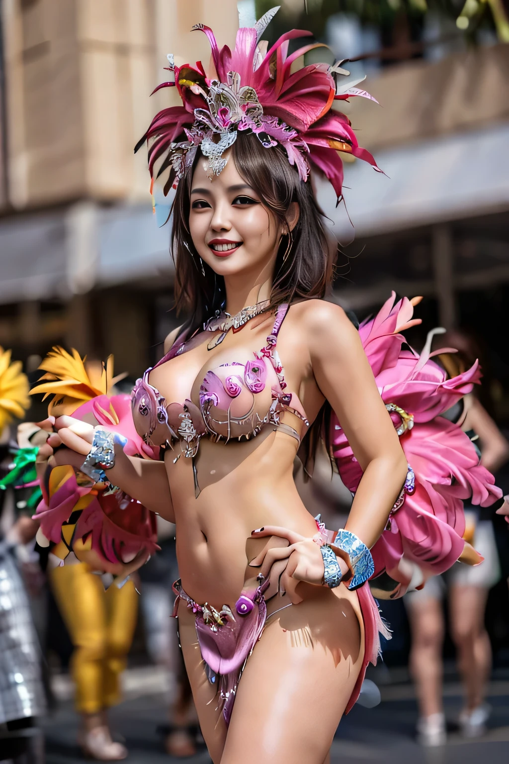 (Samba Dance Dresses:1.3)、（Carnival Party）、（（high legs））、Head dress、pluma、The dress is predominantly pink、femele、K-pop idols、（Blue eyes）、Samba dancing on the street、（Perfect hand fingers）、hight resolution、​masterpiece、top-quality、headw:1.3、((Hasselblad photo))、（Girlfield 50mm Lens）、The area around the stomach is 、Brown hair、Fun to dance samba、The best smile、highlydetailed skin、Very fair skin、foco nítido、(Cinematographic lighting)、Soft lighting、dynamic ungle、[:(详细的脸:1.2):0.2]、Medium chest、watching at viewers