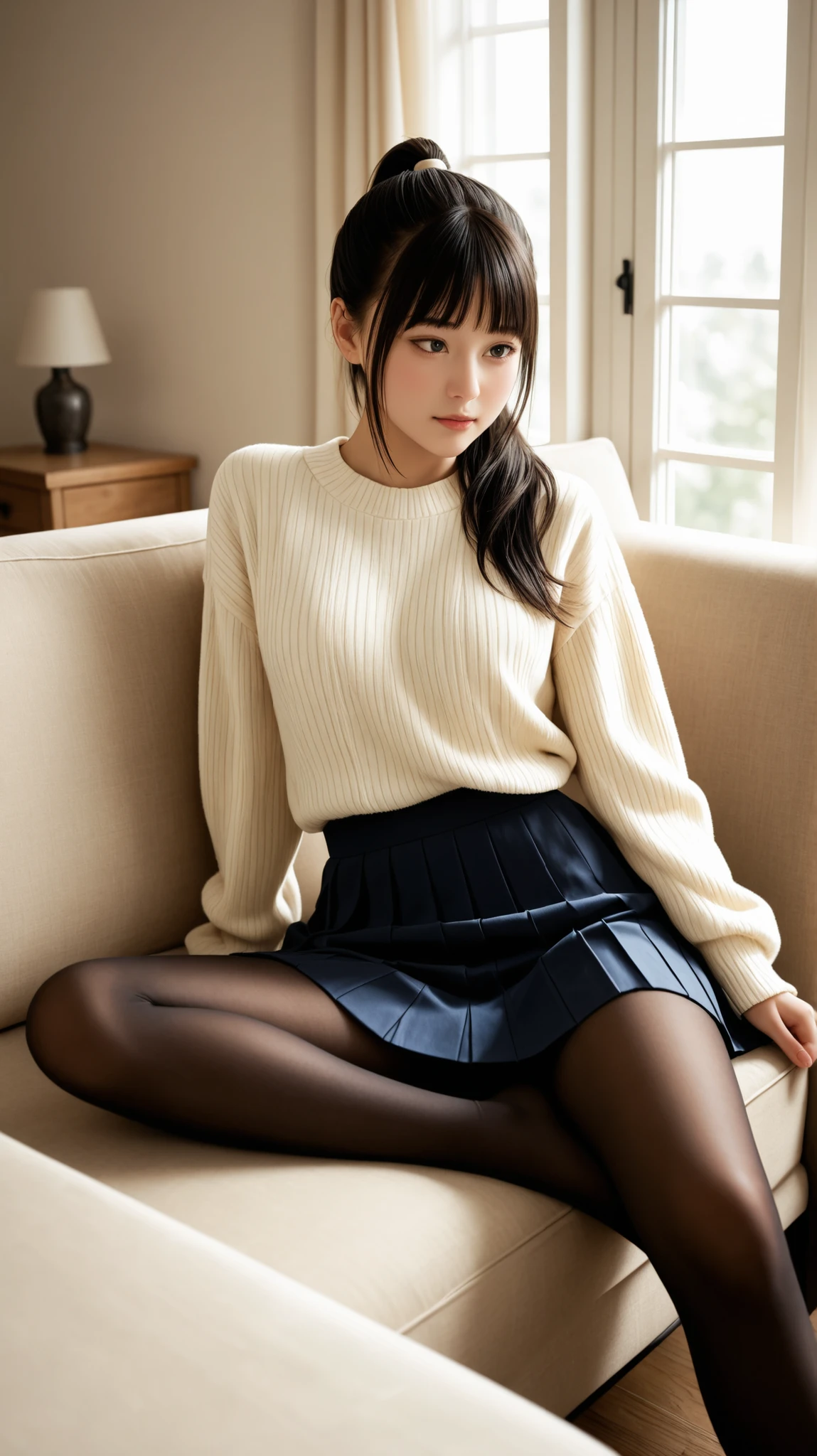 A realistic digital photograph of a young japanese girl with absolutely long hair reacheding her hip, silky black hair, heavy bang hair. curl softly. in her early twenties, straight-cut bangs (front bangs) covering her forehead, soft and natural.
her are pretty small.
brown upturned eyes filled with warmth and calmness.
She has a small graceful nose and a serene, tender expression.
She sits on the sofa with relaxing gracefully near a sunlit window in a cozy modern living room,
wearing a sweater and a skirt of above-knee length that moves lightly with the air. black pantyhoses.
The morning light gently illuminates her silhouette, creating a dreamy, cinematic feeling.
The scene is filled with natural wooden textures, soft fabrics, and warm golden tones —
evoking peace, warmth, and quiet intimacy.
Cinematic lighting, soft focus, high realism, 8K detailed rendering, morning atmosphere, natural light photography. high ponytail. full body.
