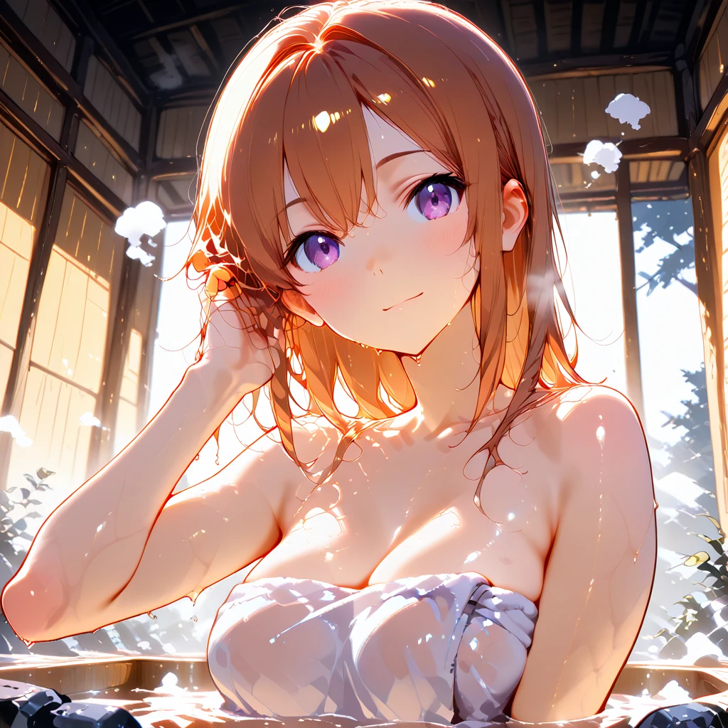 (((barechested)))、​masterpiece、ighly detailed、(1 girl in:1.2)、(((Red-haired)))、big eye、(((a closeup)))、embarassed face、8K、short-hair、(((anime styled)))、Red Eyes、Open your mouth、(((barechested)))、(((hot onsen)))、Facing the front、(((????????)))、(((????????)))、(((Colossal ????)))