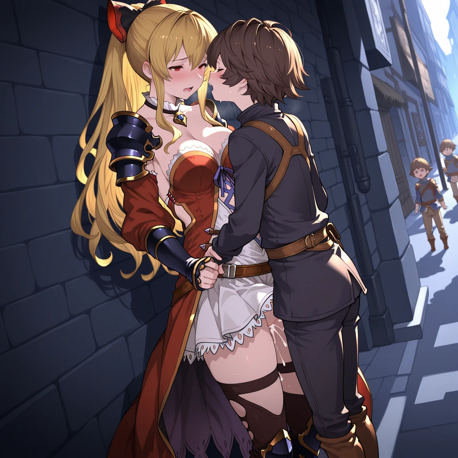 (man and woman kissing:1.6),, (masutepiece, Best Quality, hight resolution, nffsw, Perfect Pixel, depth of fields, 4K), , Perfect body, , (boy and girl:1.6), (2 human in picture:1.6) boy on top,  Tita Russell, blue eyes, blonde hair, long hair, small ???????, (flat ?????:1.8), , red hat, headwear, goggles on headwear, pink shirt, red apron, pink shorts ,,  , ????,(???????:1.3) ,(slut:1.2),(vulgarity:1.3),(????????????:1.1),(steam:1.1),(wet:0.8),(trembling:0.8),(tears:0.7) ,(drooling:0.6),(sweat:0.8), wince,(??????:1.5), , (???????:1.4), (boy fondle girl's ???????:1.6) , , (hardcore ???:1.6),,