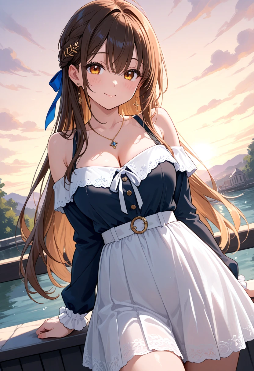 masterpiece:1.4,best-quality,Super Detail,Very Delicate and Beautiful,((( , off-shoulder knit top, ruffled , knee-high boots ))), very gigantic breasts, very slender, beautiful woman