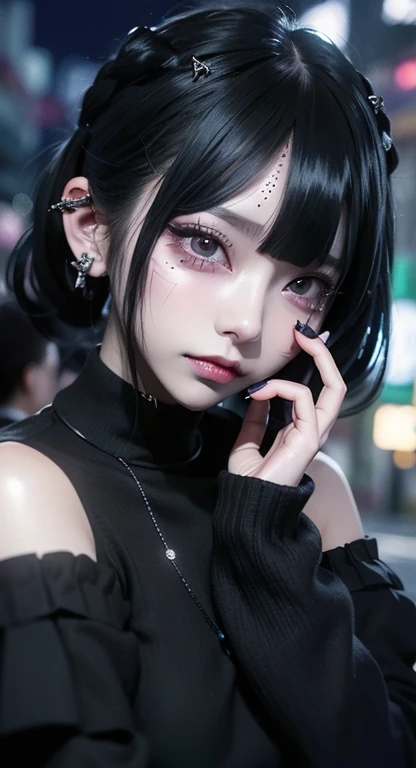 Cinema Lighting、(Key Light：Front 45 degree angle, Subsidy Light、Backlight、Shadow、Blue and orange color palette), Accurate human body、Knowledgeable person、Correct five-finger、RAW Photos、4K - ultra-vivid、Highest quality, masterpiece, Ultra-high resolution, (reality: 1.4), 


(((Oilskin,Glowing Skin、Realistic skin texture、Beautiful skin in every detail、Shiny skin、Shiny skin)))、
(((Beautiful Eyes、Exquisitely drawn eyes、Right eye is red、Left eye is blue、big, Round eyes)))、
Beautiful youth, 19-year-old girl, Attractive girl, Cool girl、girl、、((赤いHeavy makeup))、((Small breasts)) 、 girl 1人,  Off-the-shoulder sweater dresses, Cinema Lighting、purple and black hair、(Mine girl、Goth Makeup、My Makeup)、(Earrings、Small breasts、An oversized white t-shirt with open shoulders、Dark )、((Heavy makeup、Oilskin,Glowing Skin、Realistic skin texture、Fine and beautiful skin、Shiny skin)), Dark downtown at night、Kabukicho、Dark Cyberpunk、(Full Shot:1.8)、Thin legs、Thin arms、Narrow shoulders、Tight waist、Slender body、Small breasts、whole body、Rock、