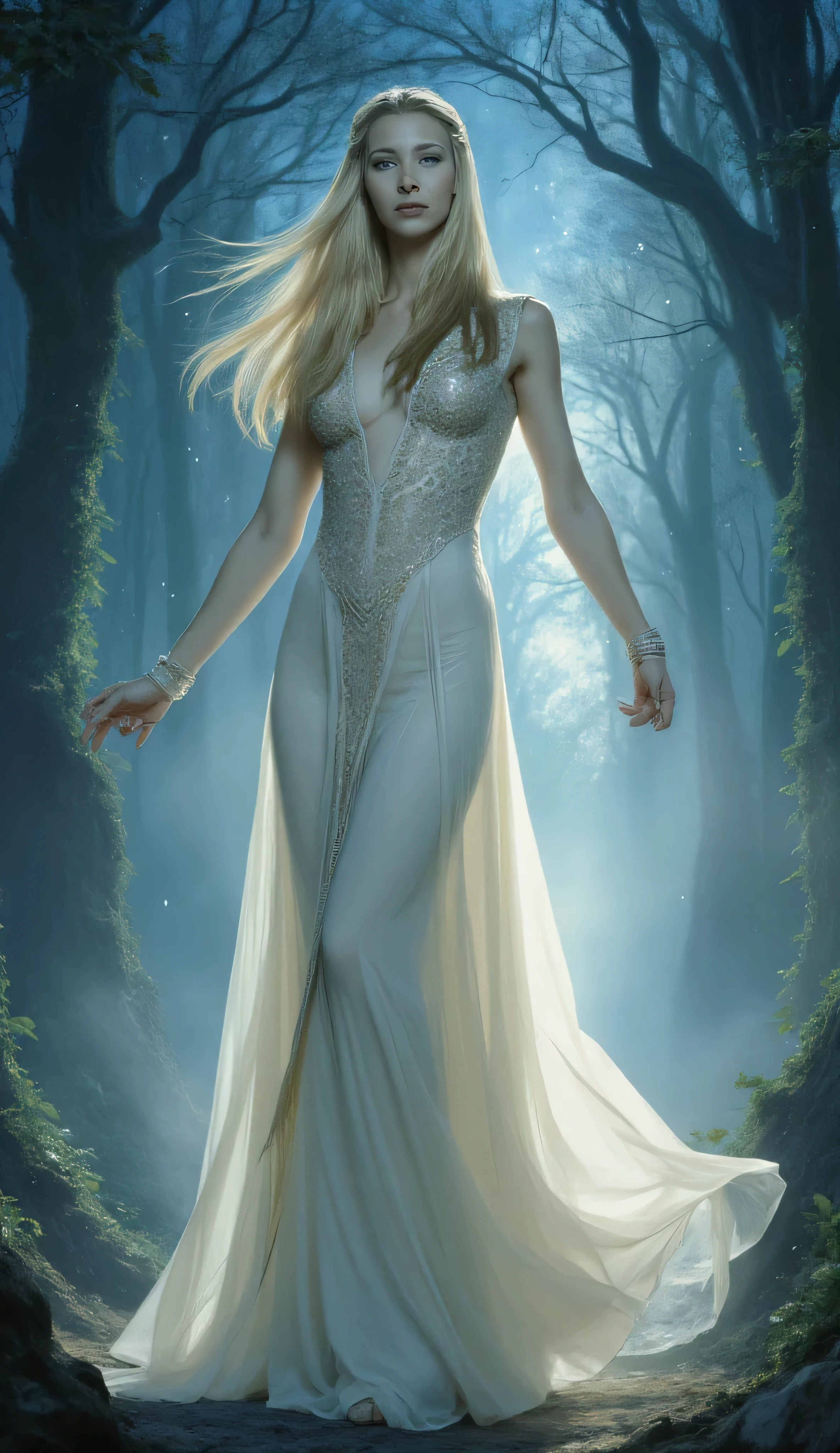 Lisa Kudrow as, Galadriel, the Lady of Lórien, full-body cinematic fantasy portrait, standing tall and graceful, otherworldly elven sanctuary suspended between forest and starlight, slender and elegant figure, long silver-gold hair flowing freely in a weightless breeze, pointed elven ears visible, wears long flowing elven gown made of layered translucent fabrics in pearl white, moon silver, and faint gold, the hem softly glowing as if woven from light itself, elven arches, living branches, light, leaves, slow-moving motes of magic, calm compassionate and quietly powerful expression, mystical and surreal atmosphere, twilight sky, soft aurora-like lights, gentle fog, timeless magic, high fantasy realism, full body composition, cinematic scale, ethereal lighting, painterly yet realistic style, ultra-detailed fabric and face, no modern elements, no armor, no weapons