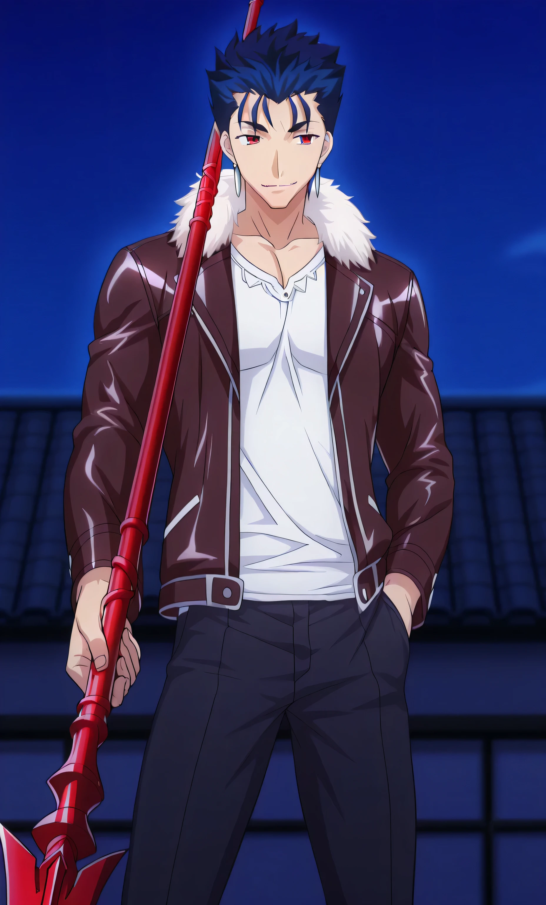 male, solo, Cu Chulainn, dark blue hair, short hair, red eyes, smirk, fur black leather jacket, white shirt, black pants, red spear, rooftops, night, male focus High School DxD Hero Style,