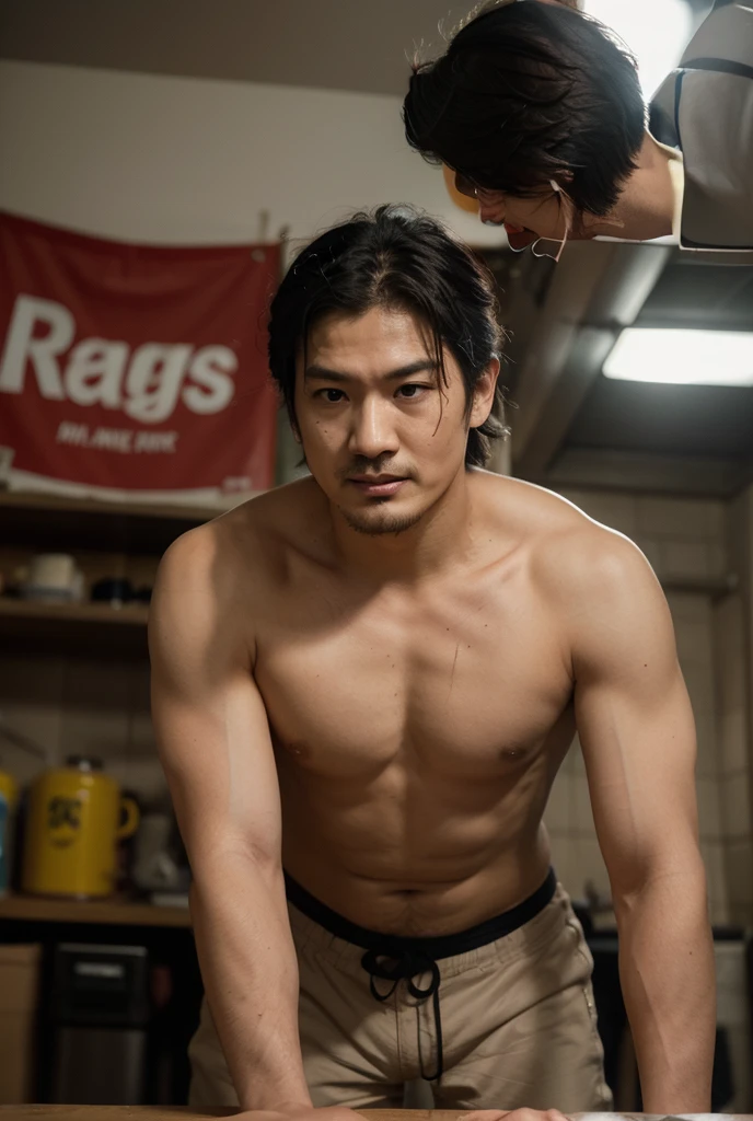 40 years old，Hidetoshi Nakata ，（Kogoro Mori 1.1），A muscular man kneeling，Thick  hair，Wear a necklace，Green ，Moustache，masterpiece，HD，foot，Black socks，
