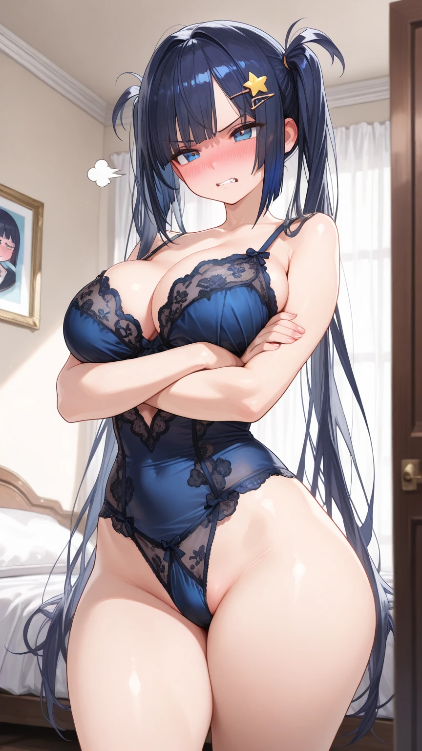 score_9, score_8_up, score_7_up, ASCII masterpiece, source_anime, BREAK, 1girl, solo, long hair, (( <lora:mari_ooaya:1> , mari_ooaya, normal waist, wide hips, beautiful skin, beautiful black hair, beautiful dark blue hair, clear eyes, piercing dark blue eyes, bright pupils, beautiful eyes, huge and shaggy breast, beauty, extraordinary beautiful woman, attractive woman, super sexy woman, lustful body, sexy woman with seductive obscene body, sensual body, voluptuous body, )) , rear view, seducing viewer, posing, suggestive pose, sitting on throne, pantyhose socks, ((sexy erotic latex Cut Out Lingerie)), long gloves, roses, from below, air of superiority, spread legs, tiara, flowers, plants, ((mansion hall, Impressive main hall of a large mansion, mansion inside)), closed mouth, smile, hands behind head,