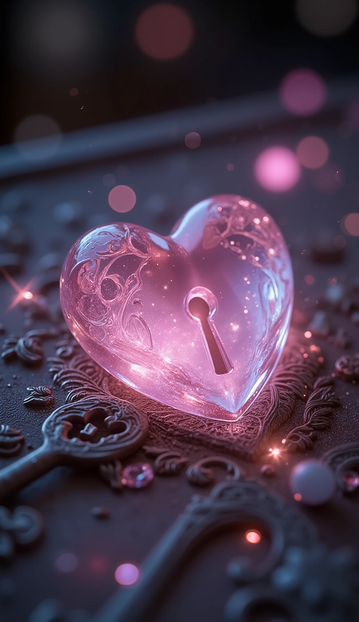 A translucent heart-shaped key made of pink glass placed beside a matching glowing keyhole, resting on a bed of floating sparkles, surrounded by delicate engravings and magic dust, soft dreamy fantasy lighting
