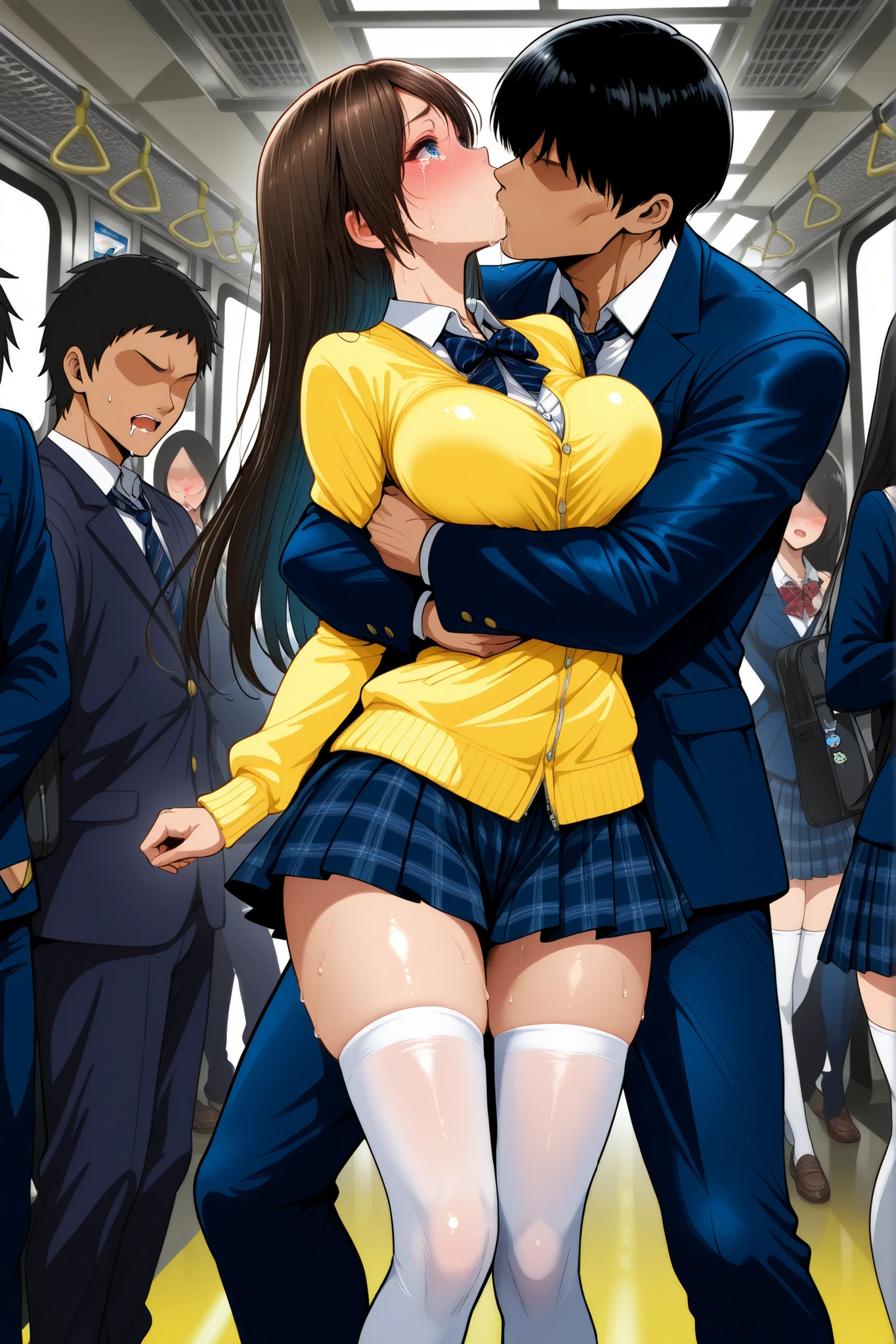 {{{master piece}}}, {{{Best Quality}}}, {{{highest quality}}}, {{Ultra-detailed}}, {{{ultra high resolution}}},{{{extremely detailed CG unity 8k wallpaper}}}, {{{Illustration}}}, {{{Detailed skin}}}, {{{Shiny skin}}}, {{{Realistic}}}, {{{Beautiful detailed eyes and face}}},{{{Perfect ???????}}}, gleaming skin,oily skin,
((High school girl grabbed by the ???????? on the train,)), ((anguished,screaming,frown)),(((red lips))),
(School uniform, Pleated skirt), ((((her arms up)))),((((up skirt,visible various color panties)))),(((??????????,show off pointy ??????,???????))),
Beautiful One Girl, Beautiful face, Beautiful detailed eyes, Beautiful body, Beautiful ?????, beautiful thigh, 
(((3 men))),(molesting), ((Man grabbing girl's ?????? on train), (Man grabbing another’s ?????? on train)),????,((chikan)),open mouth,(((from below))),from side,?????? grabbing,(((??????????,?????????? trail))),slip pubic hair,