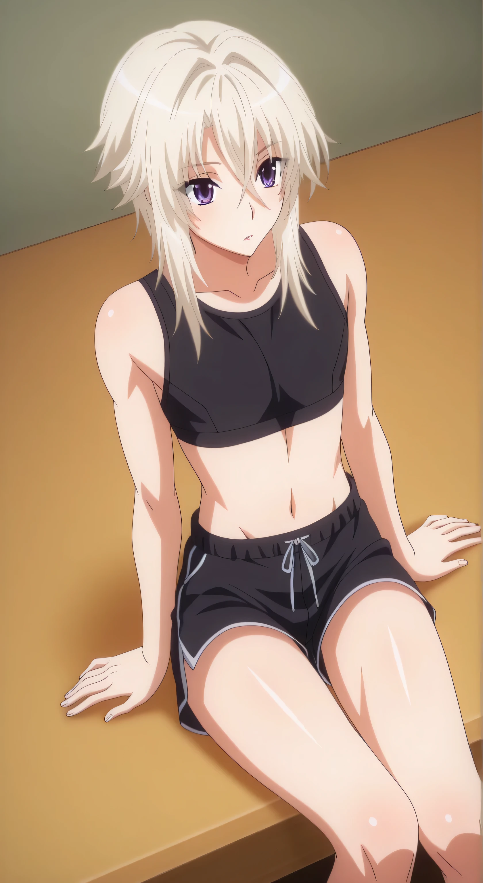 Female, solo, Zeta, platinum-blond hair, medium hair, purple eyes, grim, sport bra, black hot-shorts, sitting, male focus High School DxD Hero Style,