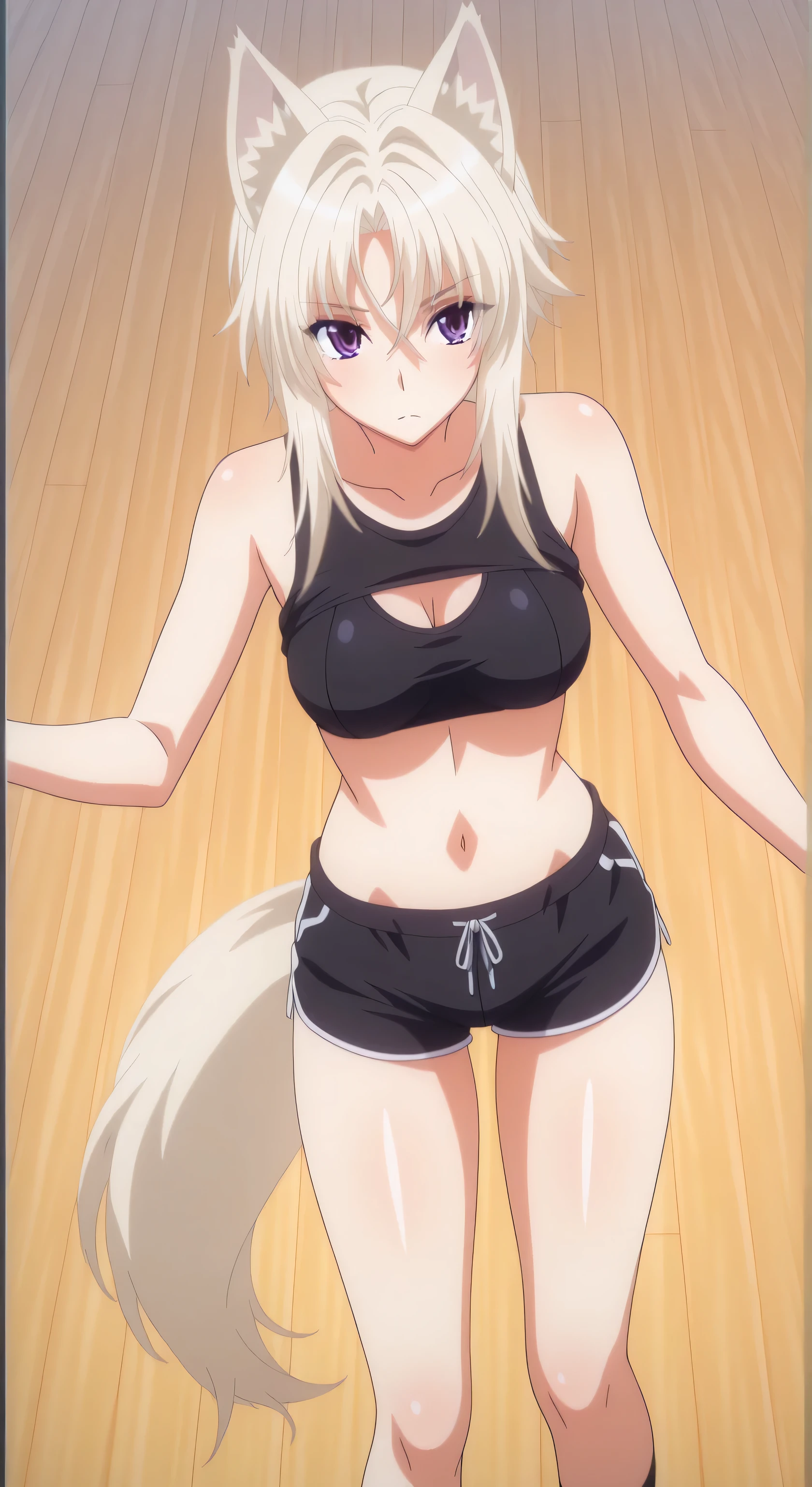 Female, solo, Zeta, platinum-blond hair, medium hair, purple eyes, grim, wolf ear, wolf tail, sport bra, black hot-shorts, sexy, female focus, High School DxD Hero Style,