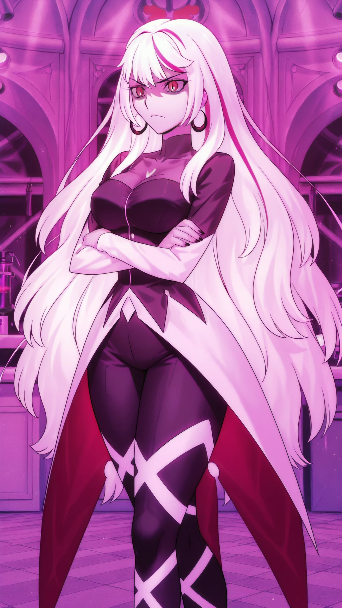 Laboratory background, source_show, Carmilla Carmine, Main Outfit, wide hips, 1girl, solo, tall, curvy, lithe body, large breasts, wide hips, thick thighs, serious expression, standing, arms crossed, takeuchi takashi artstyle,