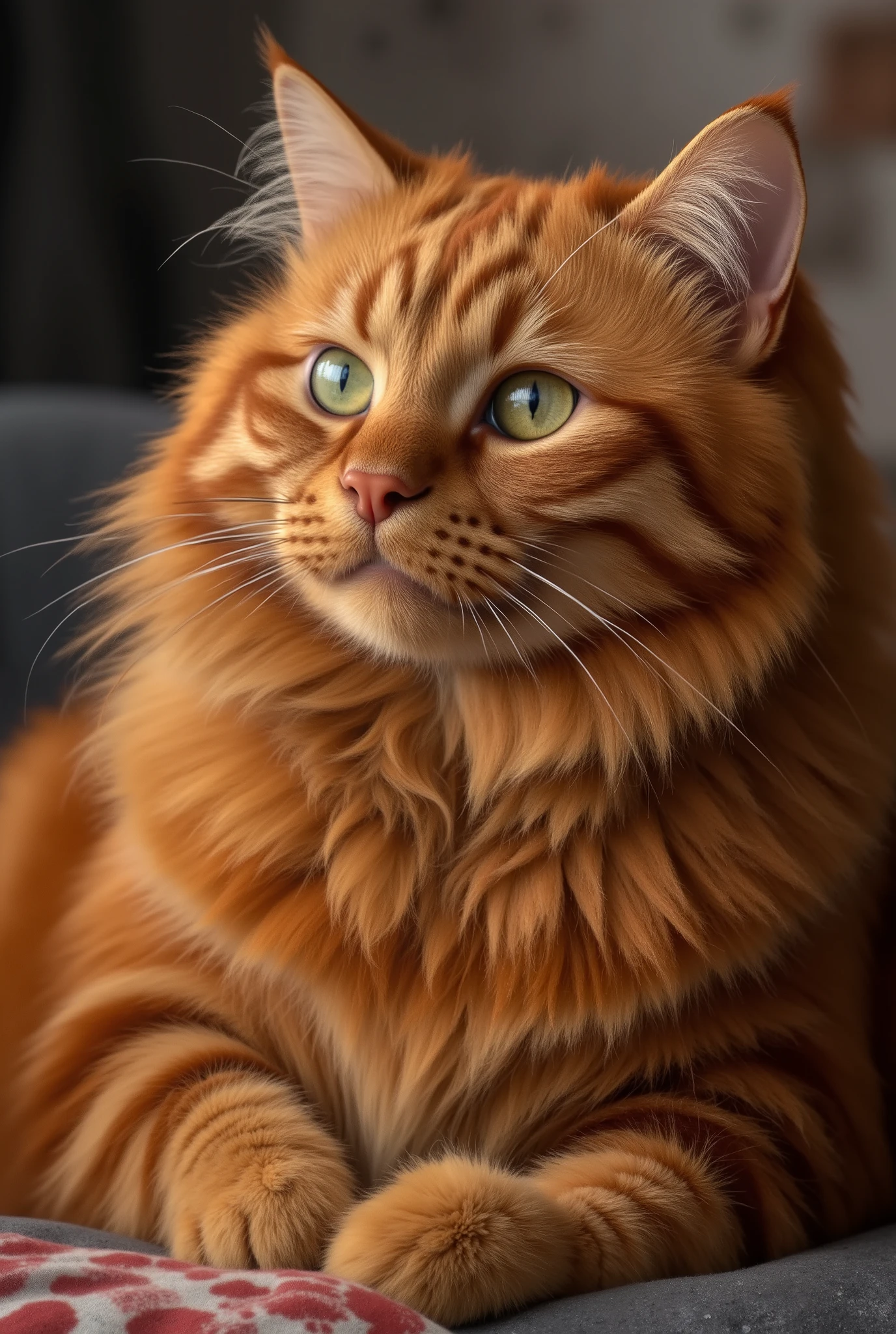 A cute fluffy grumpy creature, a red-haired fat tabby cat made out of socks