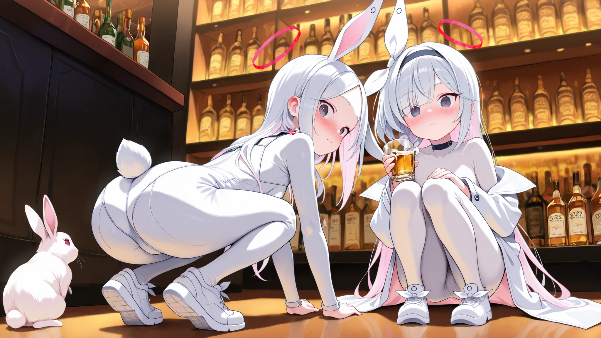 takagi-san, rabbit girl, rabbit tail, rabbit ears, rabbit, 2girls, plana (blue archive), detailed, masterpiece, blush, crouching down, looking at viewer, surprised, front view, close mouth, white , bodystocking, full body, bar, alcohol, drinking alcohol, dizzy, Shopping,