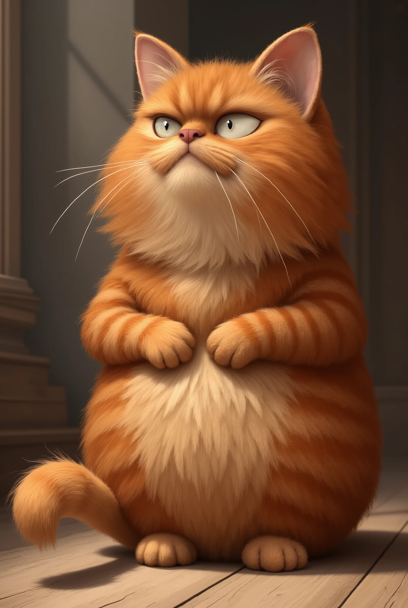 A cute fluffy grumpy creature, a red-haired fat tabby cat made out of socks