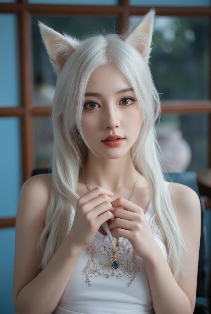 (((best image quality、highest quality、Super high quality 1.5、Super high quality 1.5、32K、pieces fly、RAW photo、very clear image、very clear image quality、Photoreal 1.3、Super detailed 1.2, small details, High resolution, Perfect dynamic structure, masterpiece, surreal,Highly detailed CG unity 32k wallpaper,realistic pictures、real human being、super detailed face、T Masterpiece，)))、（best illustrations），（Best Movies），1 A white-haired girl in a fox pose，Close-up of beautiful woman with gray hair and white mask，beautiful character drawings，Gviz，Gviz-style artwork，white haired god，Written by Jean Jay，Magnificent and beautiful character art，great character art，Fan Qi，Wu Jun Sifan，Gouvitz on the pixiv art station，Glowing Sprites，森をテーマにしたnatureの要素。Mysterious Forest，beautiful forest，nature，surrounded by flowers，Fireflies surround the delicate leaves and branches（natureの要素），（Jungle theme），（autumn leaves），（tree branch），（glow worm），（particle effects）， octane rendering，ray tracing，very careful、fox ears、(((sit)))