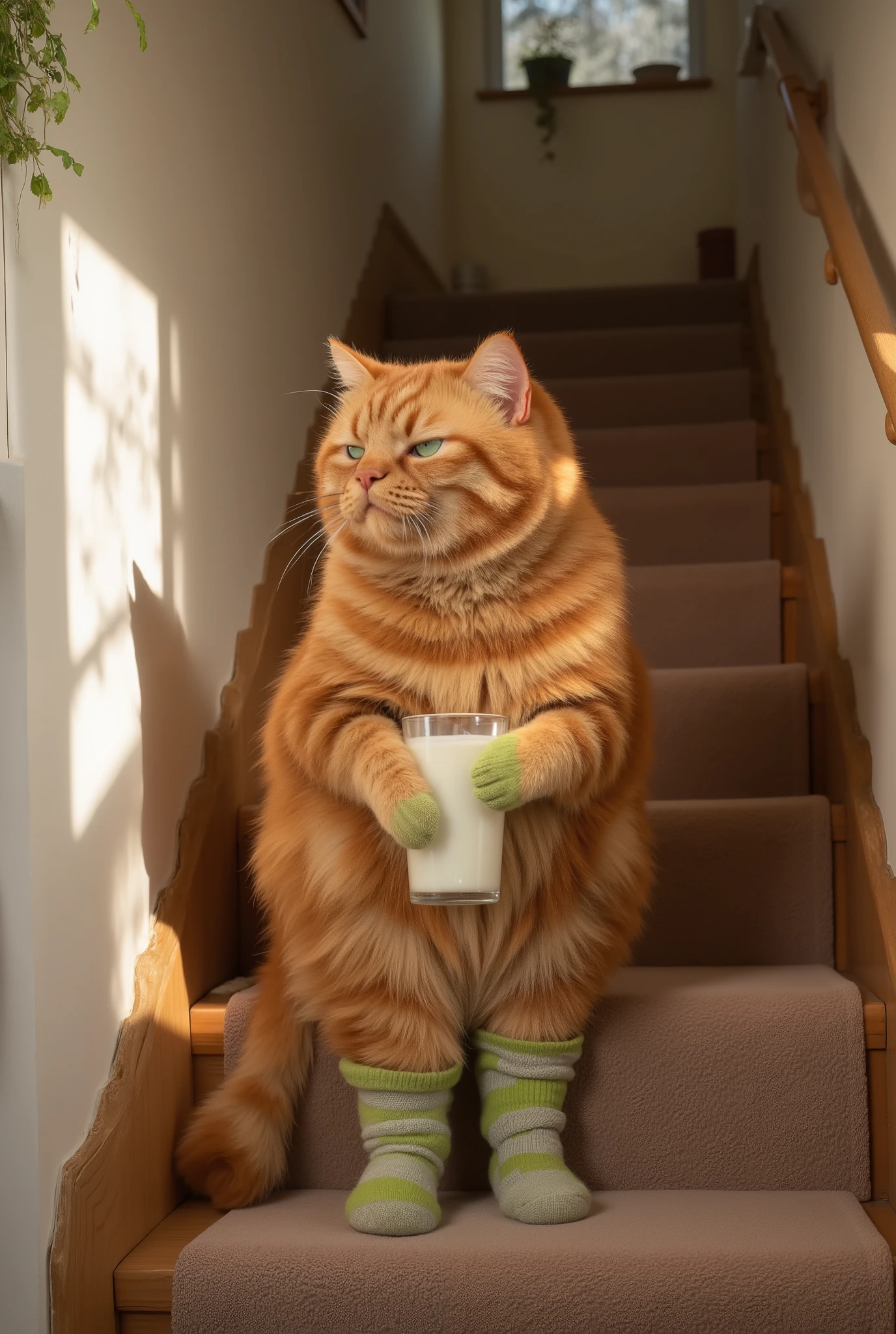 A cute fluffy grumpy creature, a red-haired fat tabby cat, stands in green socks on the stairs in a cute house, holding a glass of milk in his paws