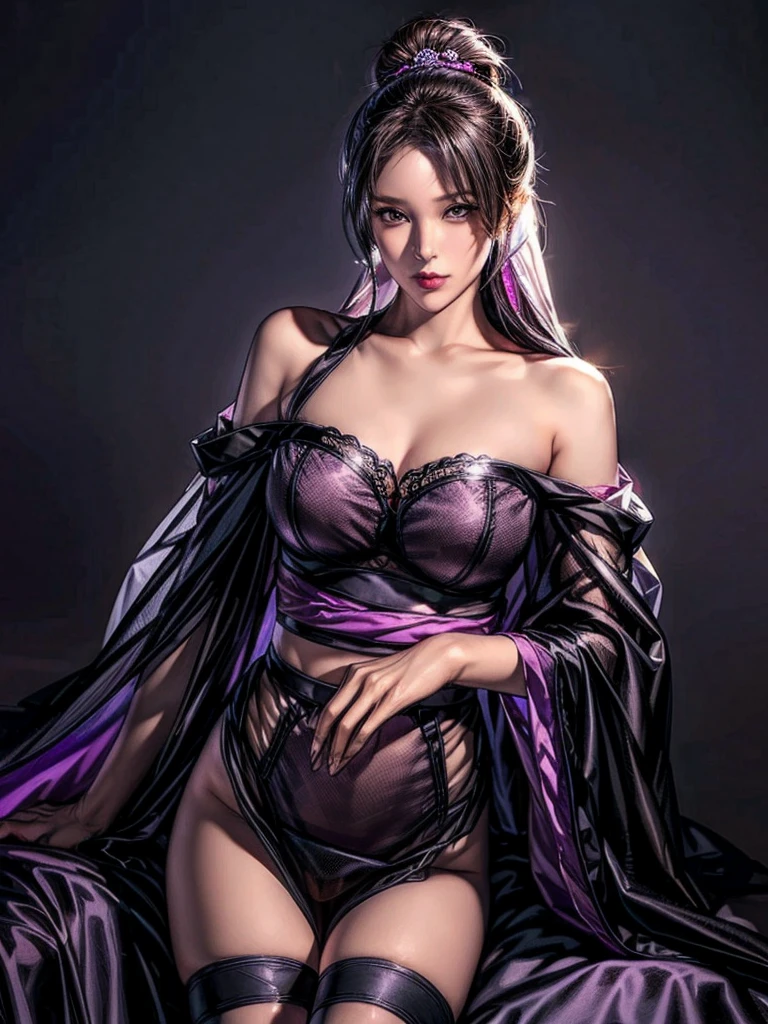 (masterpiece, best quality), 1girl, beautiful face, purple red hair, short hair, bangs, torn clothes, torn legwear, black dress, black thighhighs, solem, stoic face, itricate details, dark atmosphere,