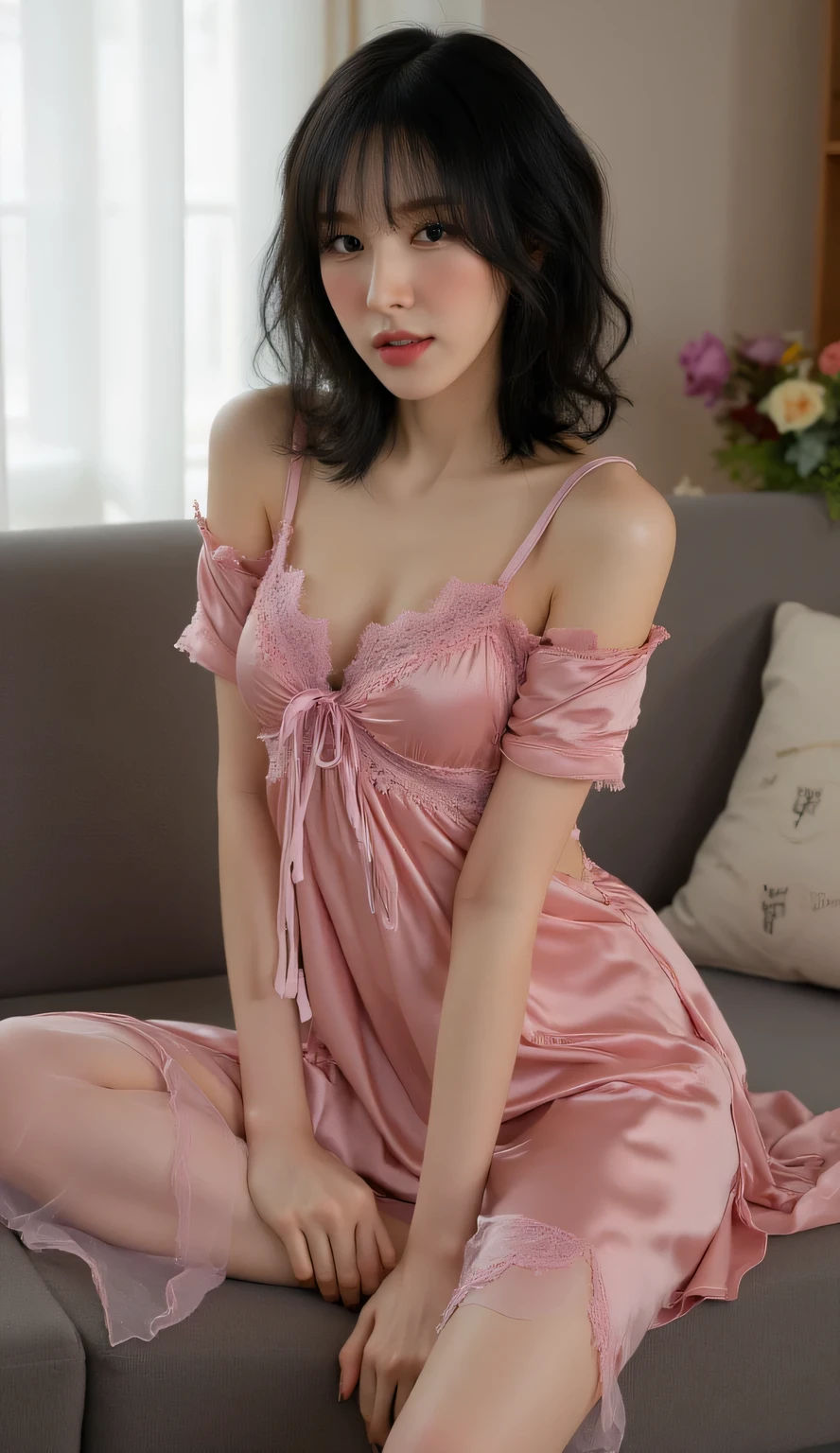 8k, masterpiece, RAW photo, best quality, photorealistic, extremely detailed CG unity 8k wallpaper, Depth of field, Cinematic Light, Lens Flare, Ray tracing, (extremely beautiful face, beautiful lips, beautiful eyes), intricate detail face, ((ultra detailed skin)) 1girl, in the dark, deep shadow, pretty Asian girl, idol,(very slim slender fit-muscled body:1.3), (big windows, pretty girl, earrings, bracelets, necklace, (pale skin), ((silk Laced)), ((see-through pink color sleep gown:1.3)), (brown hairs), , (See through, pink sleeping gown :1.3), bed, pillow, (), laced stockings, (on bed), ((sleep in)), (), close eyes, hide hands, ()