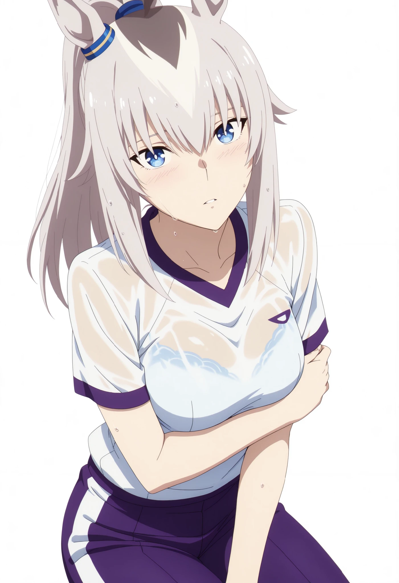 Oguri,,Uma Musume, cowboy shot, traditional media, light embarrassed, covering private,((dutch angle)),from above,
high quality ,  Highest Quality , masterpiece,  high resolution , detailed face( Lola: Oguri),anatomically accurate, detailed hair(Lola: Oguri) ,Detailed Bang(Lola: Oguri),Anime Coloring Book, anime screencap, anime coloring, wet hair,
solo, 1 Girl, , LONG HAIR, Horse Years,(white hair), stupid hair, horsetail, Blue Eyes, (hair over eyes),(wispy bangs:1.5),((tsurime:1.2)), Coloured Hair, high ponytail, (detailed hair, long bangs),
gym white T shirt, purple Jersey pants, long pants, thighs, ((aged up:1.2)),(medium breasts), pale skin, ,
looking at viewer,  head tilt, , (white background, simple background), (hold own arm, arm under breasts),
parted lips, (sitting, yokozuwari), (see-through lace bra:0.8),