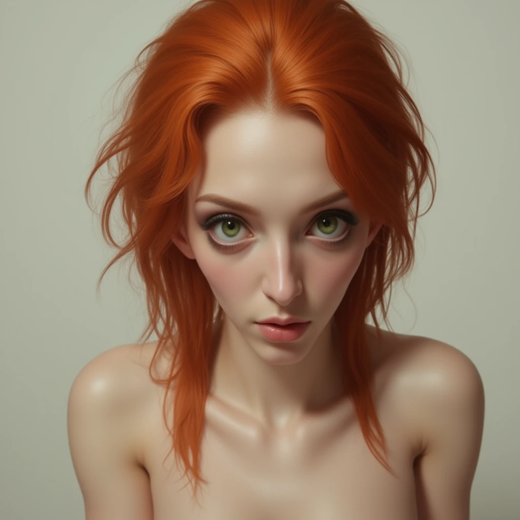 (8k, RAW photo, highest quality),(epic realistic:1.5), a girl, dynamic posture, face,shirt,(detailed eyes:0.8),(looking at the camera:1.4), (highest quality), (best shadow),intricate details,cinematic,((skin:1.4)),interior, (long ponytail ginger hair:1.3),dark studio,(hdr:1.5),detailed, muted colors, freckles