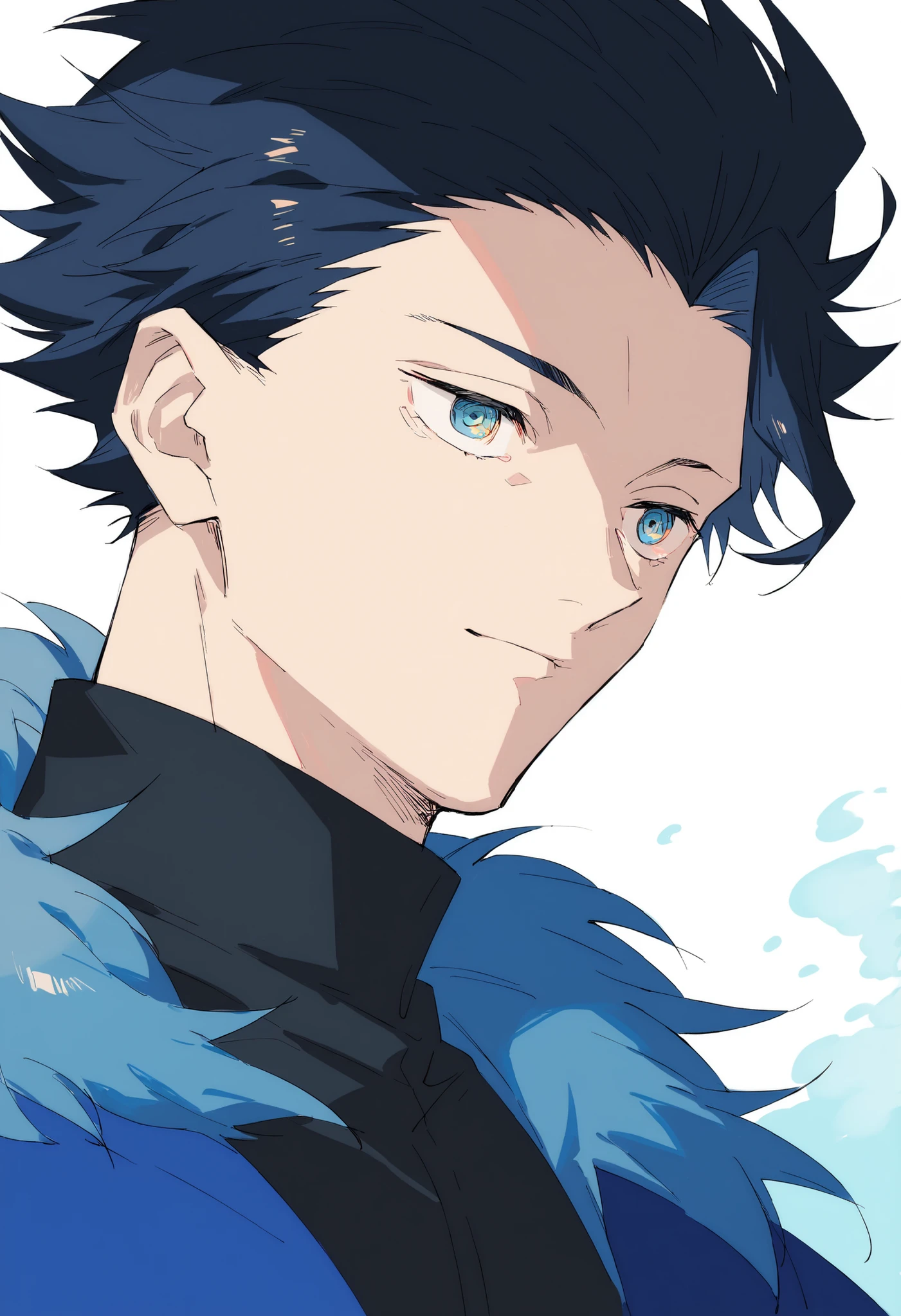 boy, blue eyes, black hair, spiky hair, fluffy hair, blue background, black tshirt turtleneck, blue coat, white background