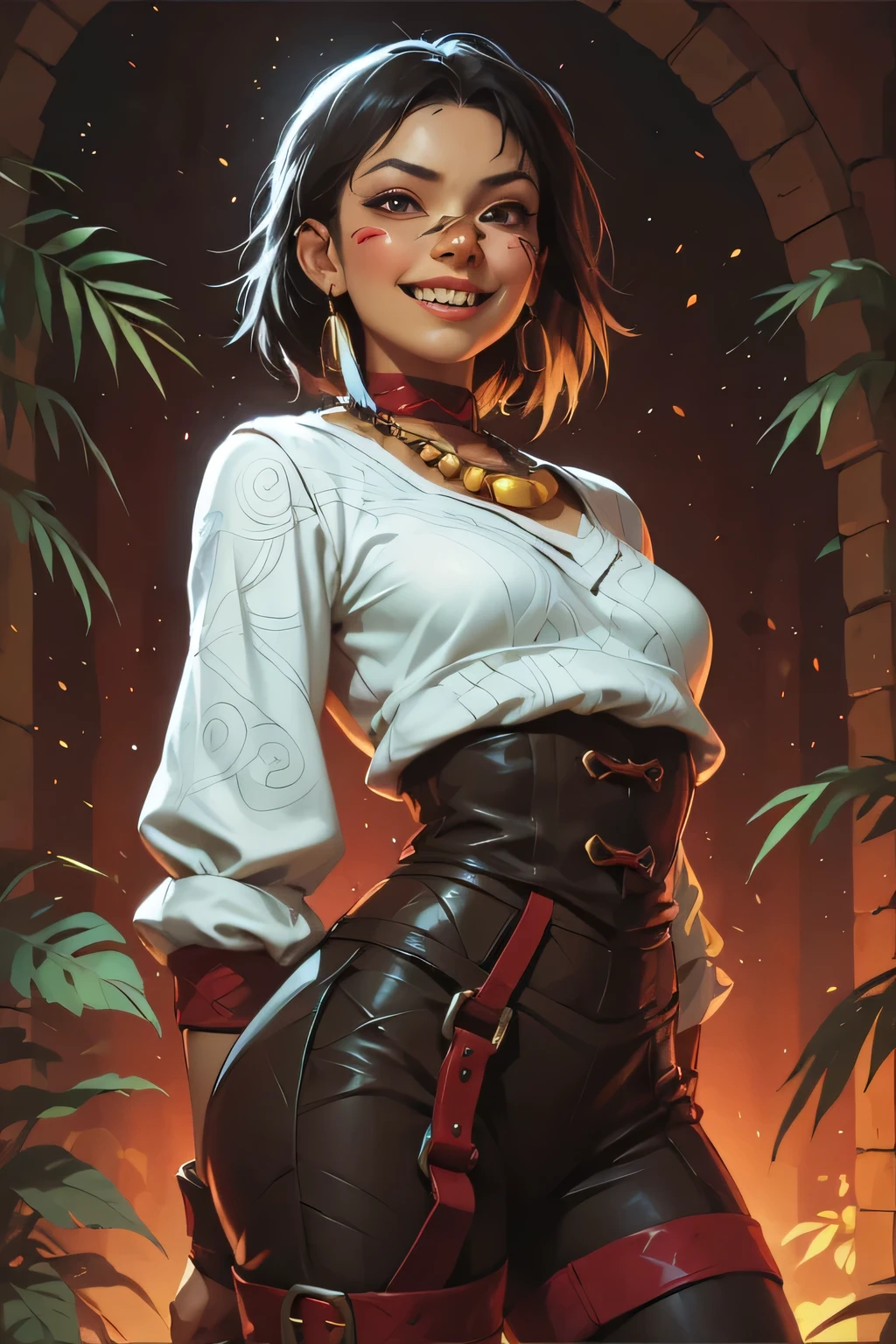 Woman looks like Annette from Castlevania Nocturne. Cute girl. Bronzefarbene Haut. She has a horizontal scar over her nose. She has sharp teeth. pointed fangs in her mouth. your body is athletic, with muscles and abs. B-Cup. Sie hat rote, Asian and narrow eyes, A pretty, And young face and white braids. The Inca clothing made from the finest snakeskin-look leather with corset with leather straps (Schlangenhaut-Optik), and an amber necklace. atmospheric lighting. looks at the viewer. She has an innocent smile with lots of sharp teeth. Keine Tiere im Bild. Hintergrund: aztekischer Tempel, strong lineart, hdr, hdr colours, hdr colours. Sharp.